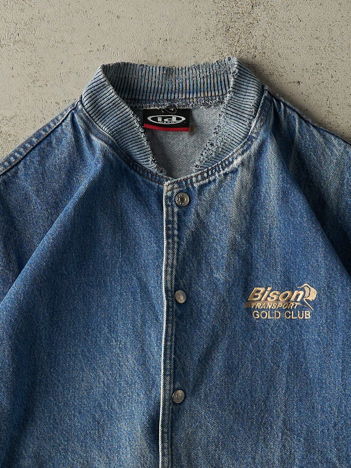 Vintage 90s Mid Wash Denim Embroidered Varsity Jacket (L/XL) - Image 2