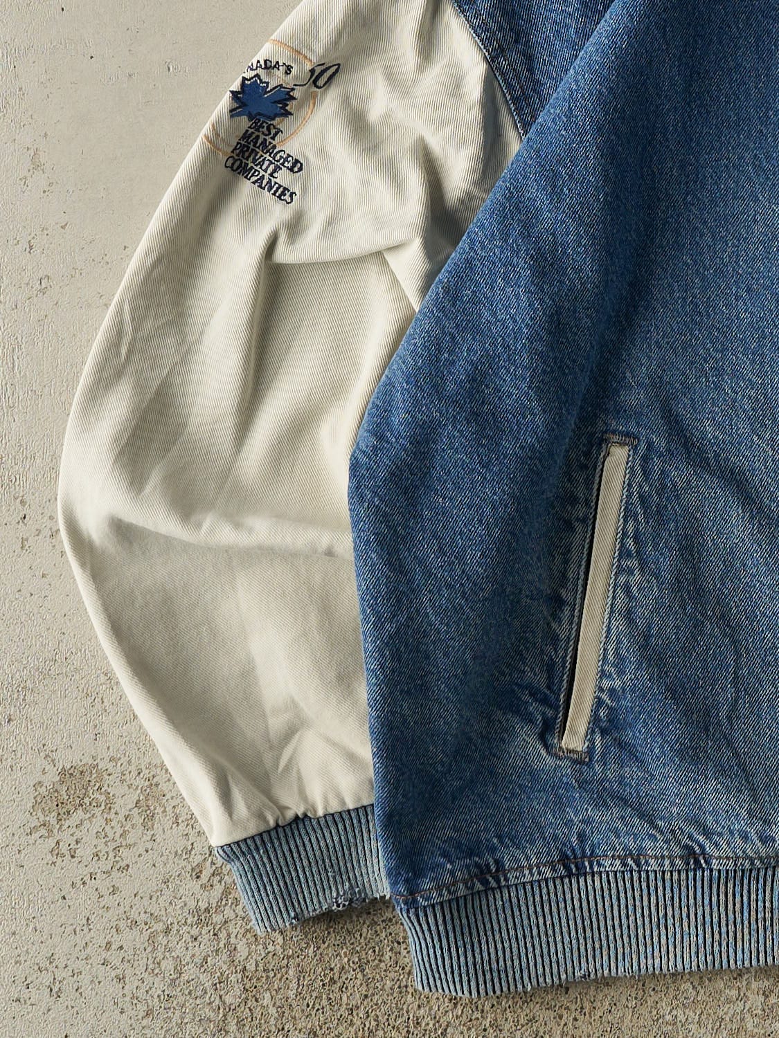 Vintage 90s Mid Wash Denim Embroidered Varsity Jacket (L/XL) - Image 3