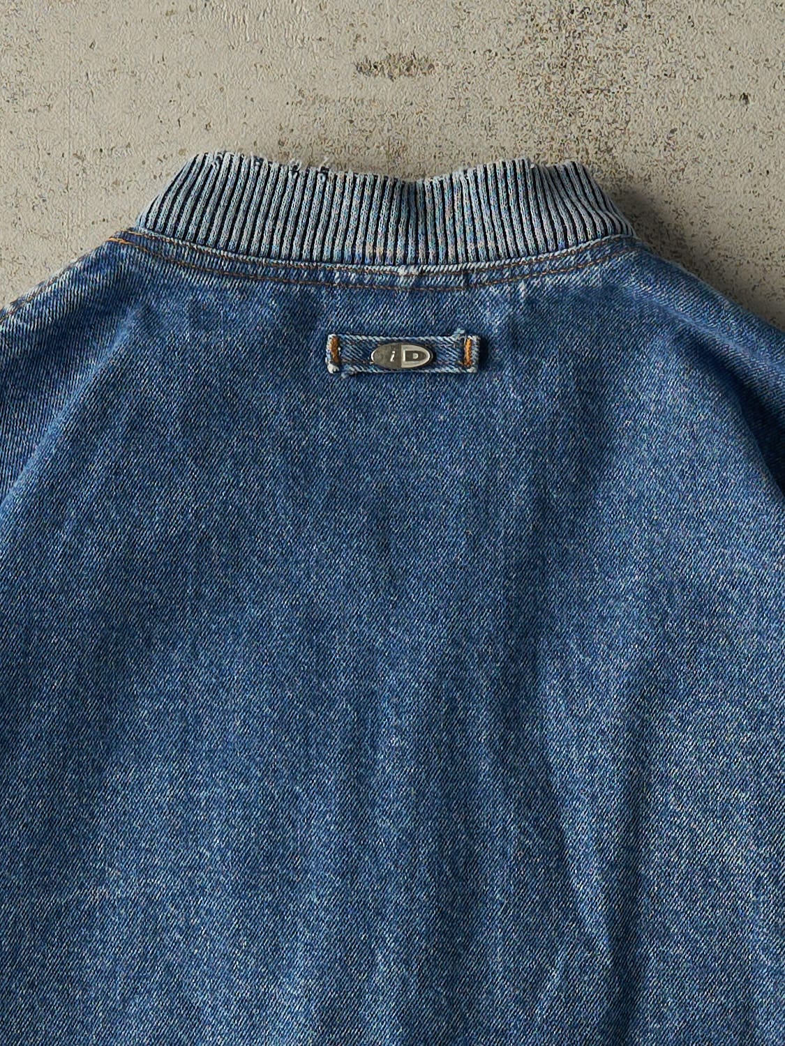 Vintage 90s Mid Wash Denim Embroidered Varsity Jacket (L/XL) - Image 4