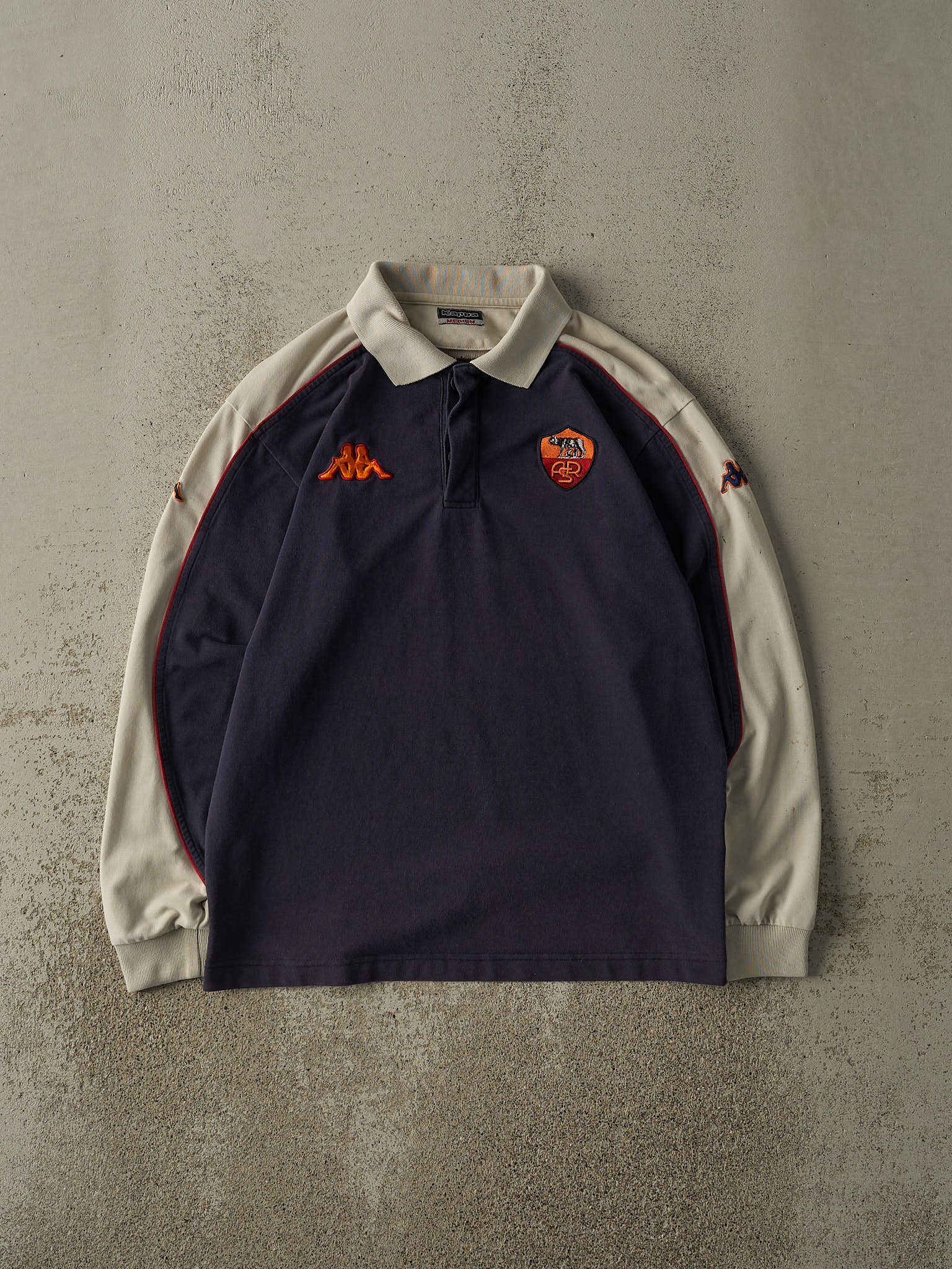Vintage 90s Navy Blue & Beige AS Roma Quarter Button Long Sleeve (S/M)