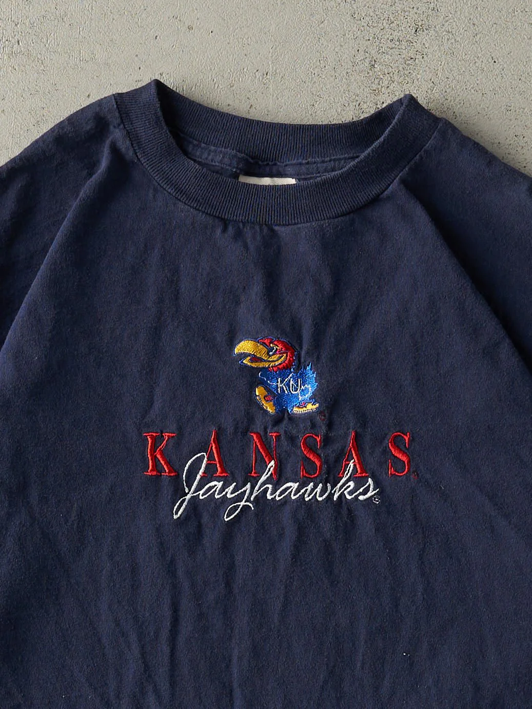 Vintage 90s Navy Blue Embroidered Kansas Jayhawks Tee (M) - Image 2