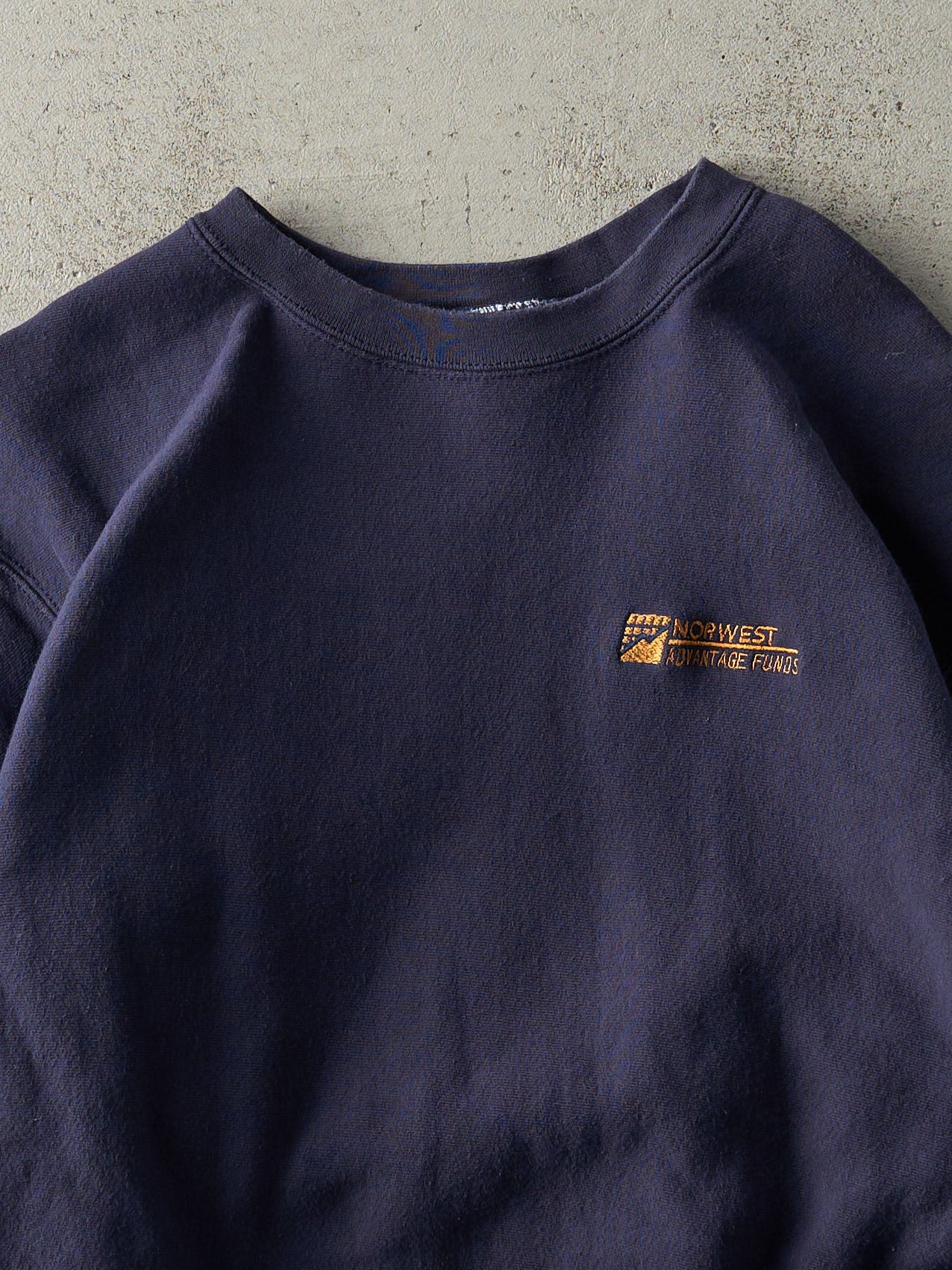 Vintage 90s Navy Blue Embroidered Logo Boxy Crewneck (L) - Image 2