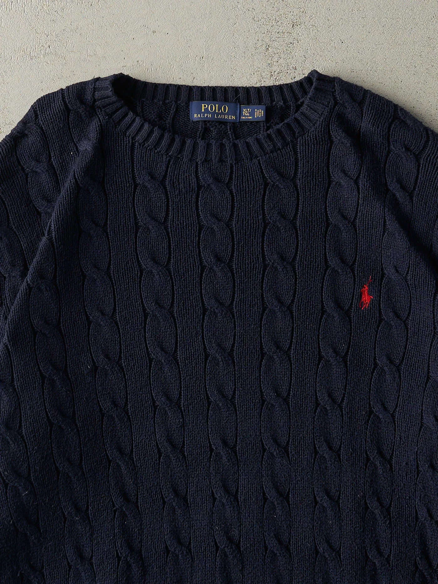 Vintage 90s Navy Blue Embroidered Polo Cable Knit Pullover (XL/XXL) - Image 2