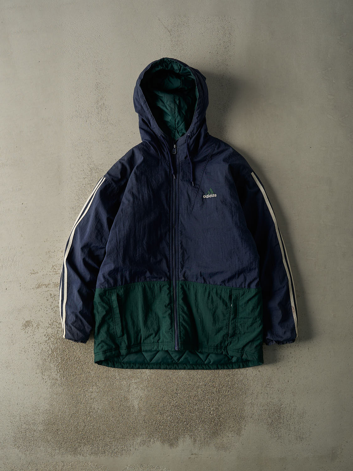 Vintage 90s Navy Blue & Green Adidas Zip Up Puffer Jacket (L/XL)