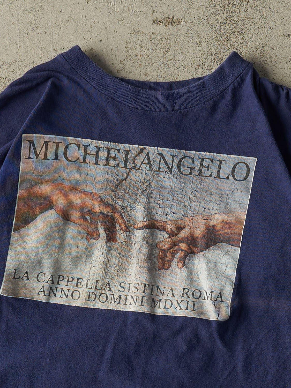 Vintage 90s Navy Blue Michelangelo Single Stitch Tee (XS/S) - Image 2