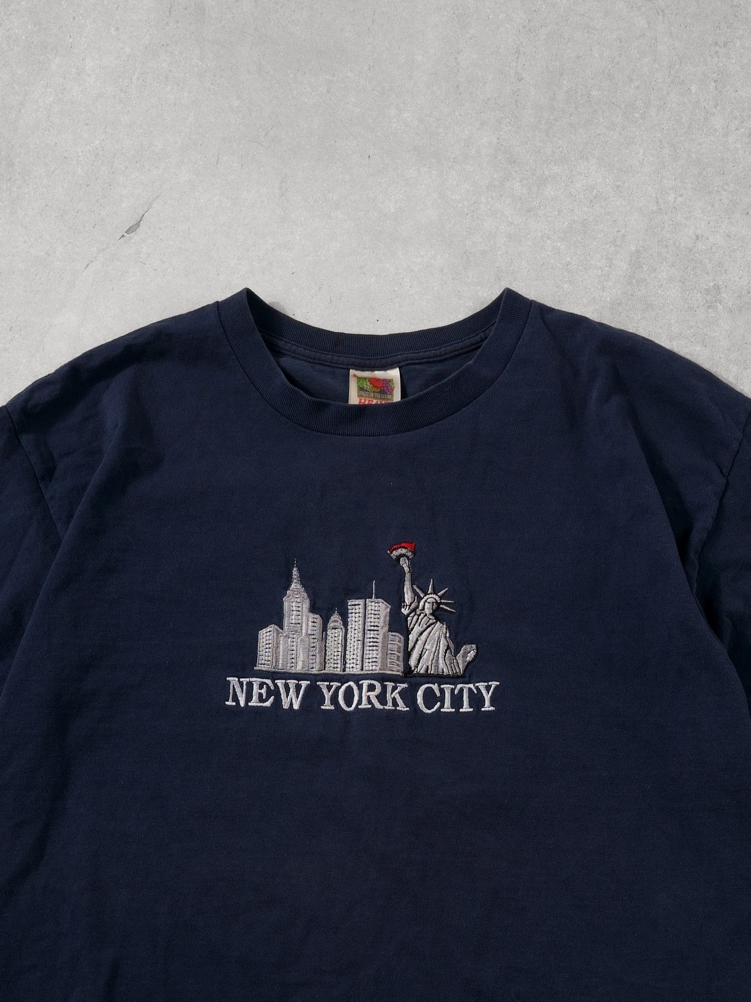 Vintage 90s Navy Blue New York City Embroidery Tee (L) - Image 2