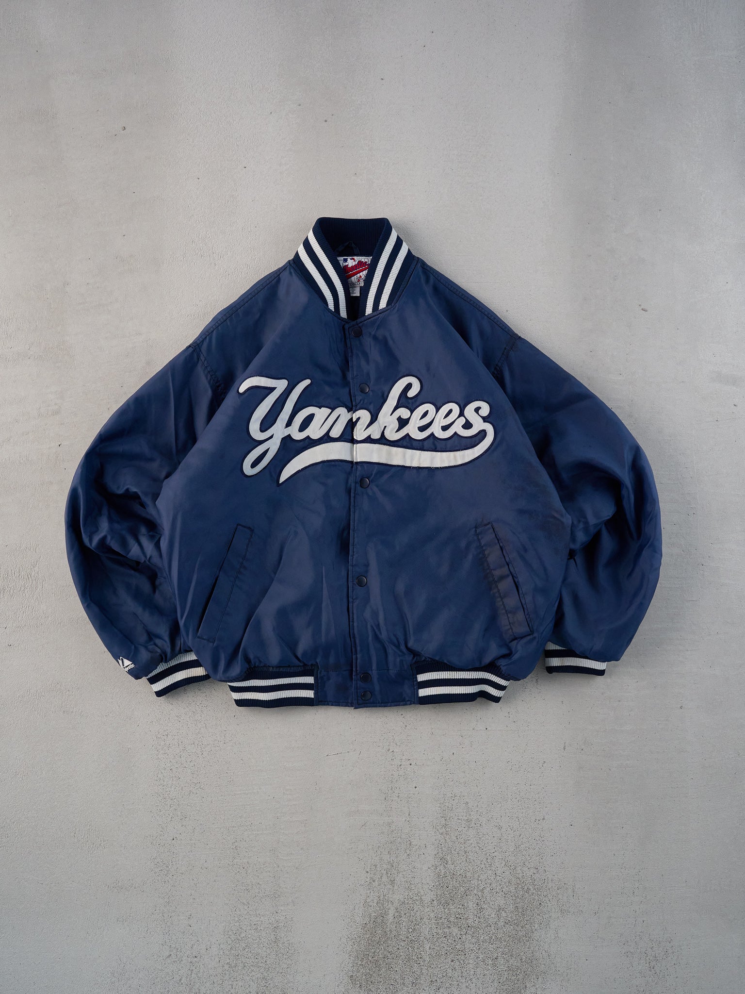Vintage 90s Navy Blue New York Yankees Satin Varsity Bomber Jacket