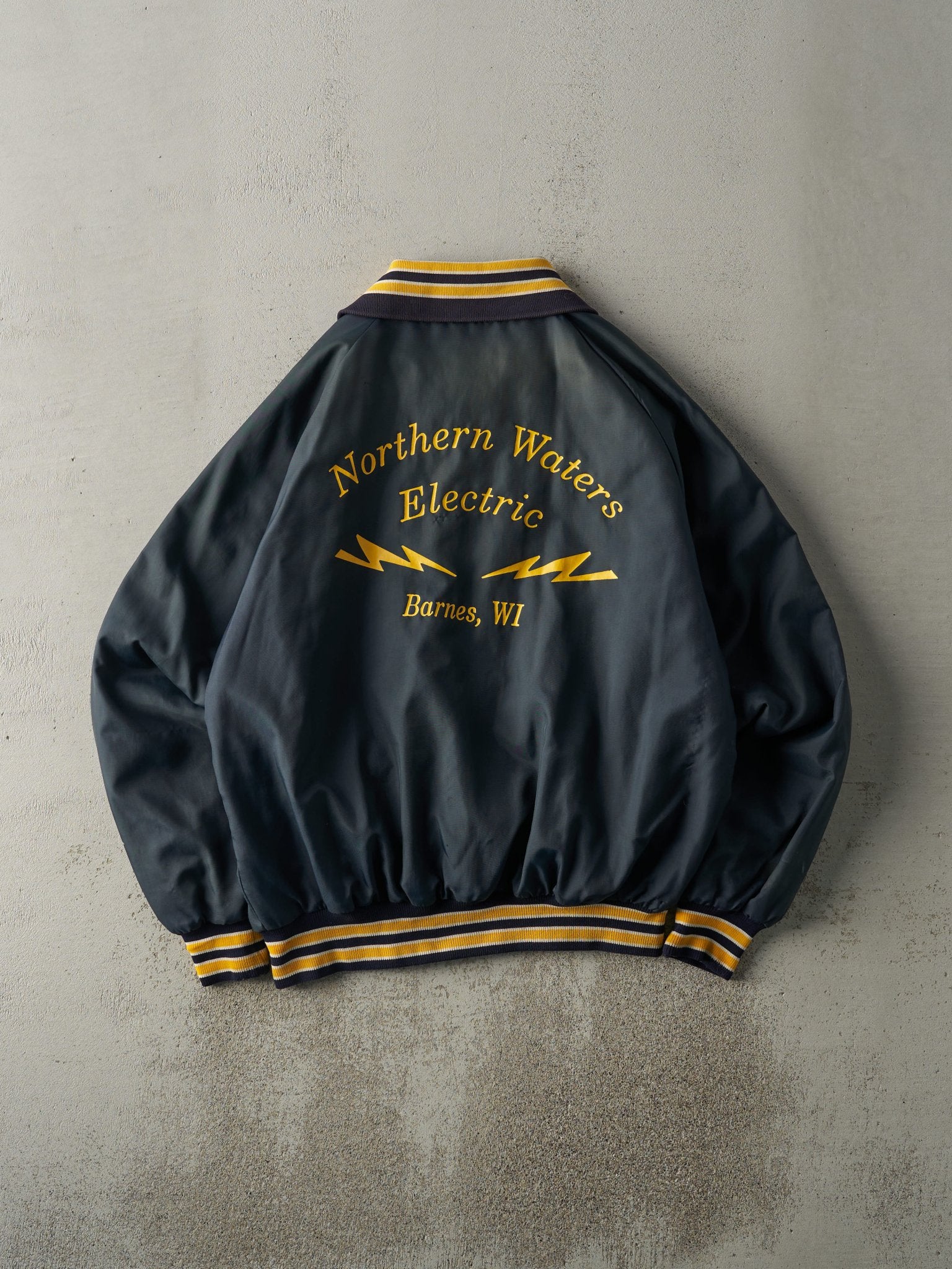 Vintage 90s Navy Blue Northern Waters Electric Nylon Bomber Jacket (L) - Image 2