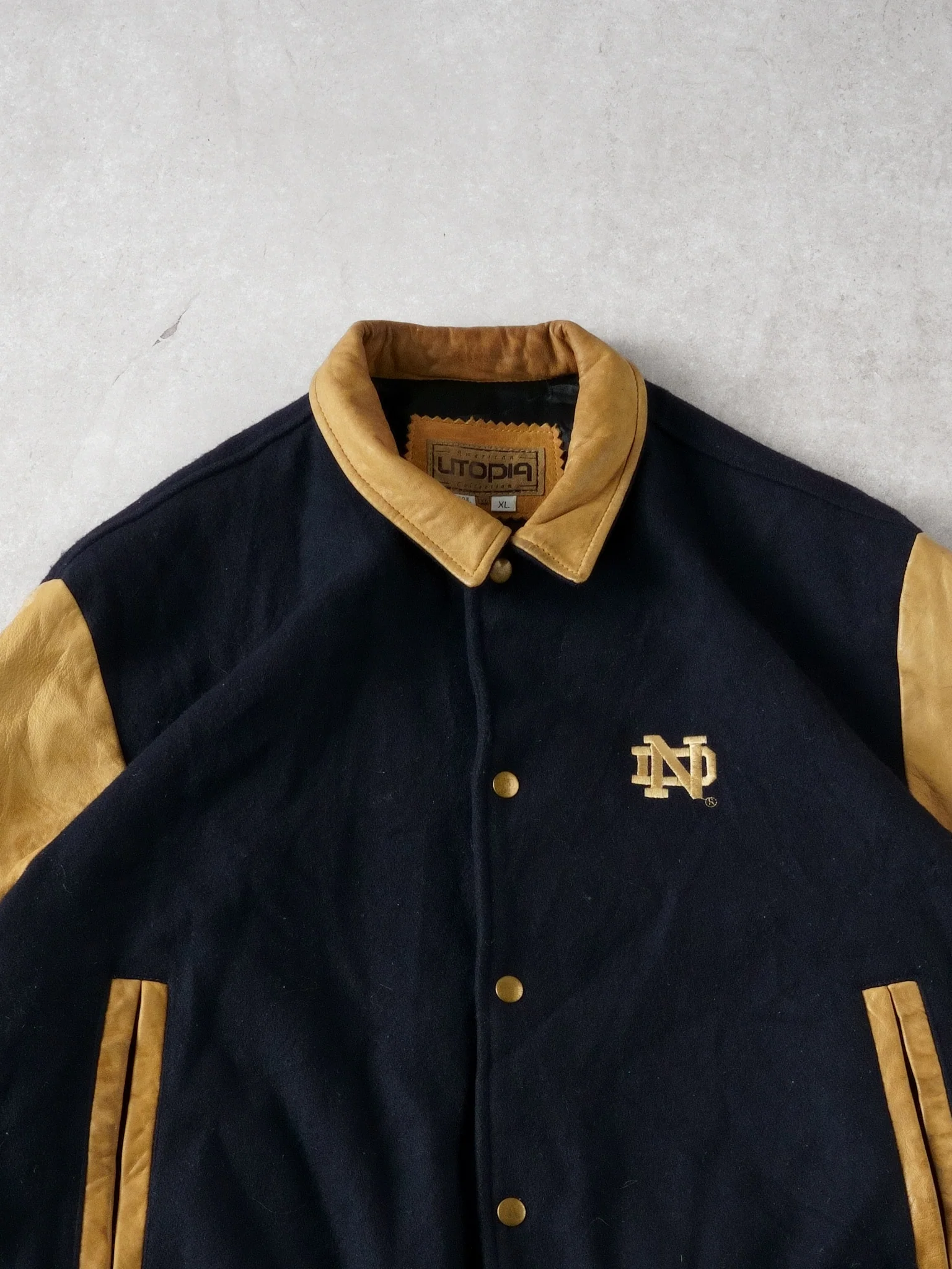 Vintage 90s Navy Blue Notre Dame Collared Varsity Jacket (L/XL) - Image 2