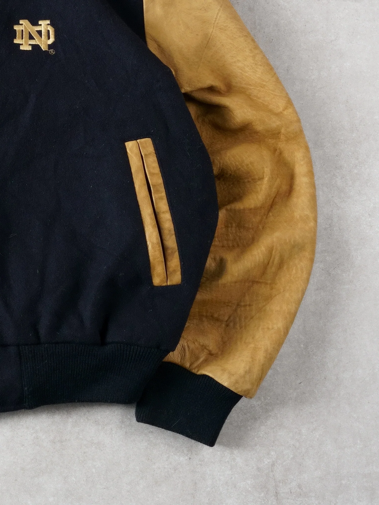 Vintage 90s Navy Blue Notre Dame Collared Varsity Jacket (L/XL) - Image 3