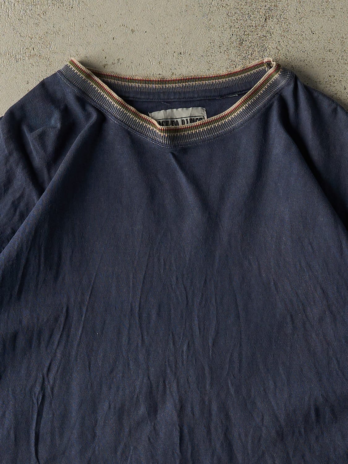 Vintage 90s Navy Blue Patterned Ringer Tee (XL) - Image 2