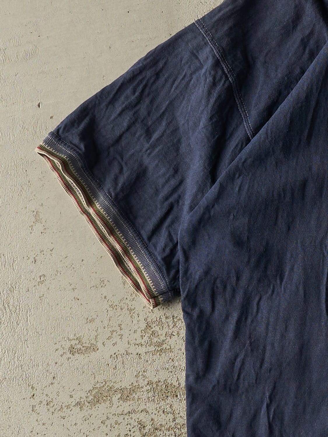 Vintage 90s Navy Blue Patterned Ringer Tee (XL) - Image 3