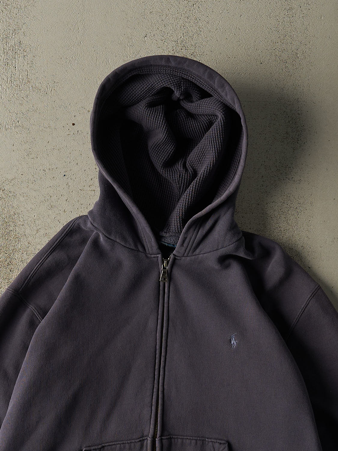 Vintage 90s Navy Blue Polo Ralph Lauren Embroidered Thermal Lined Zip Up Hoodie (M/L) - Image 2