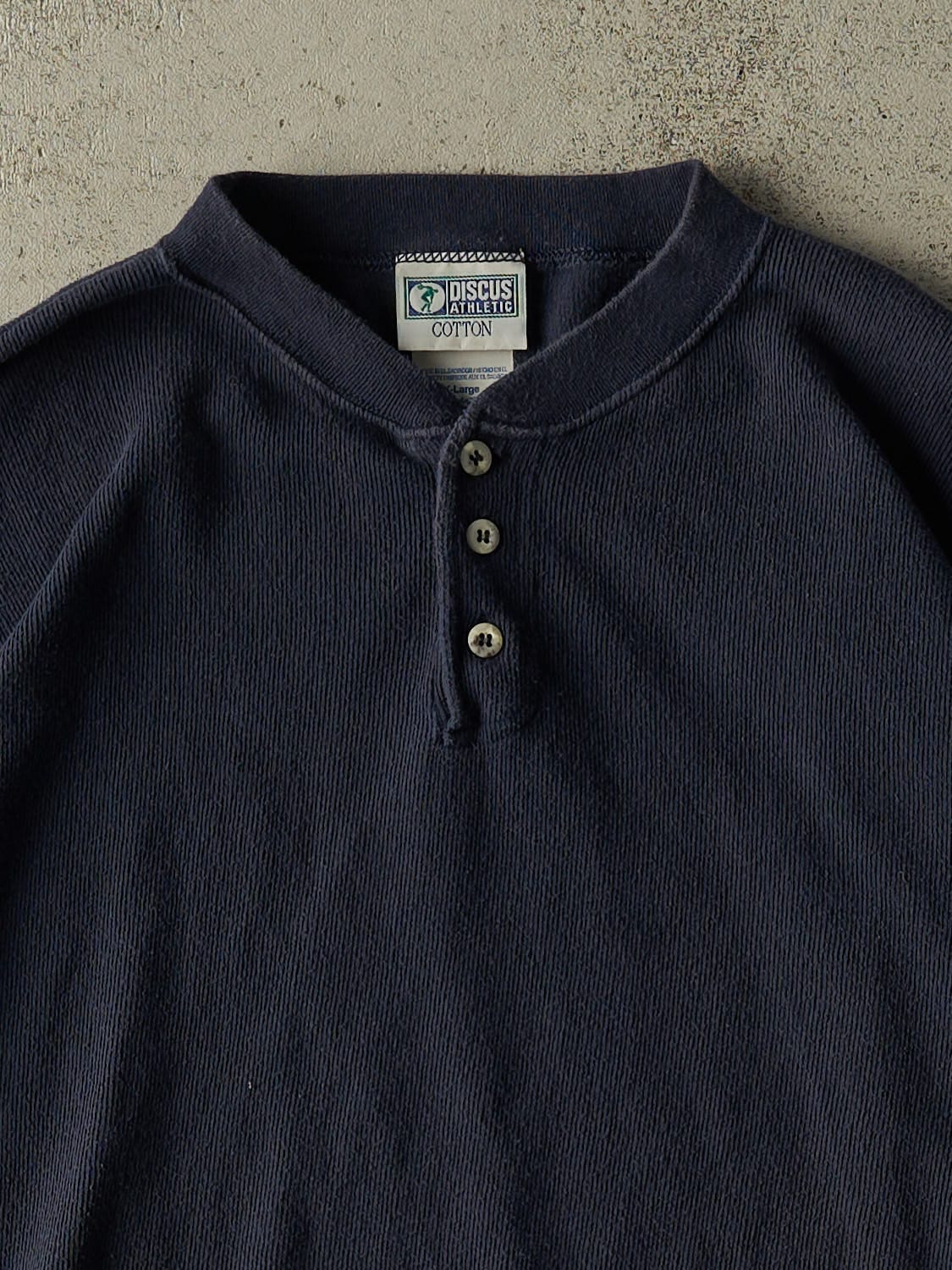 Vintage 90s Navy Blue Discus Athletic Quarter Button Tee (L/XL) - Image 2