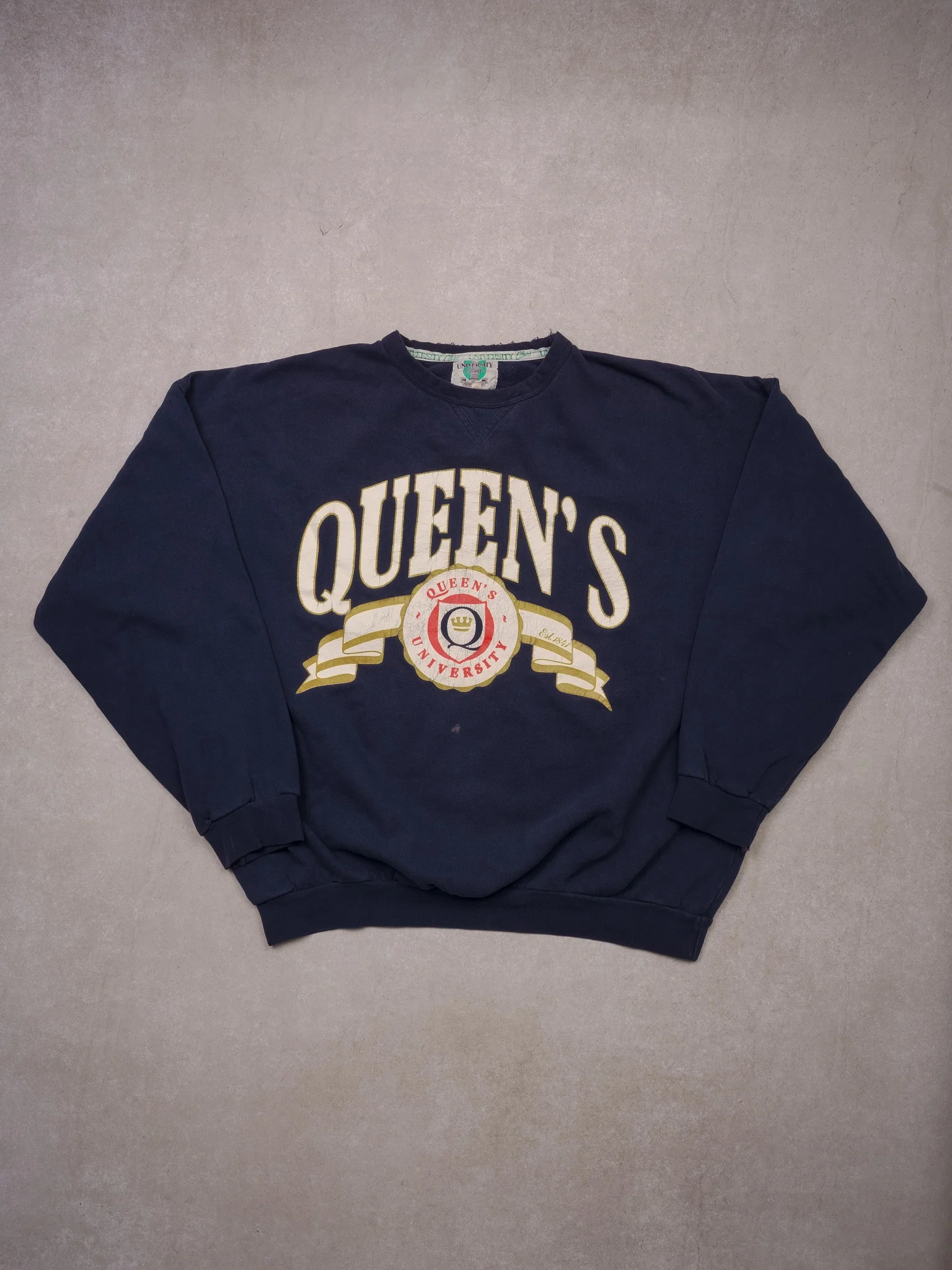 Vintage 90s Navy Blue Queen's University Emblem Hoodie (L)