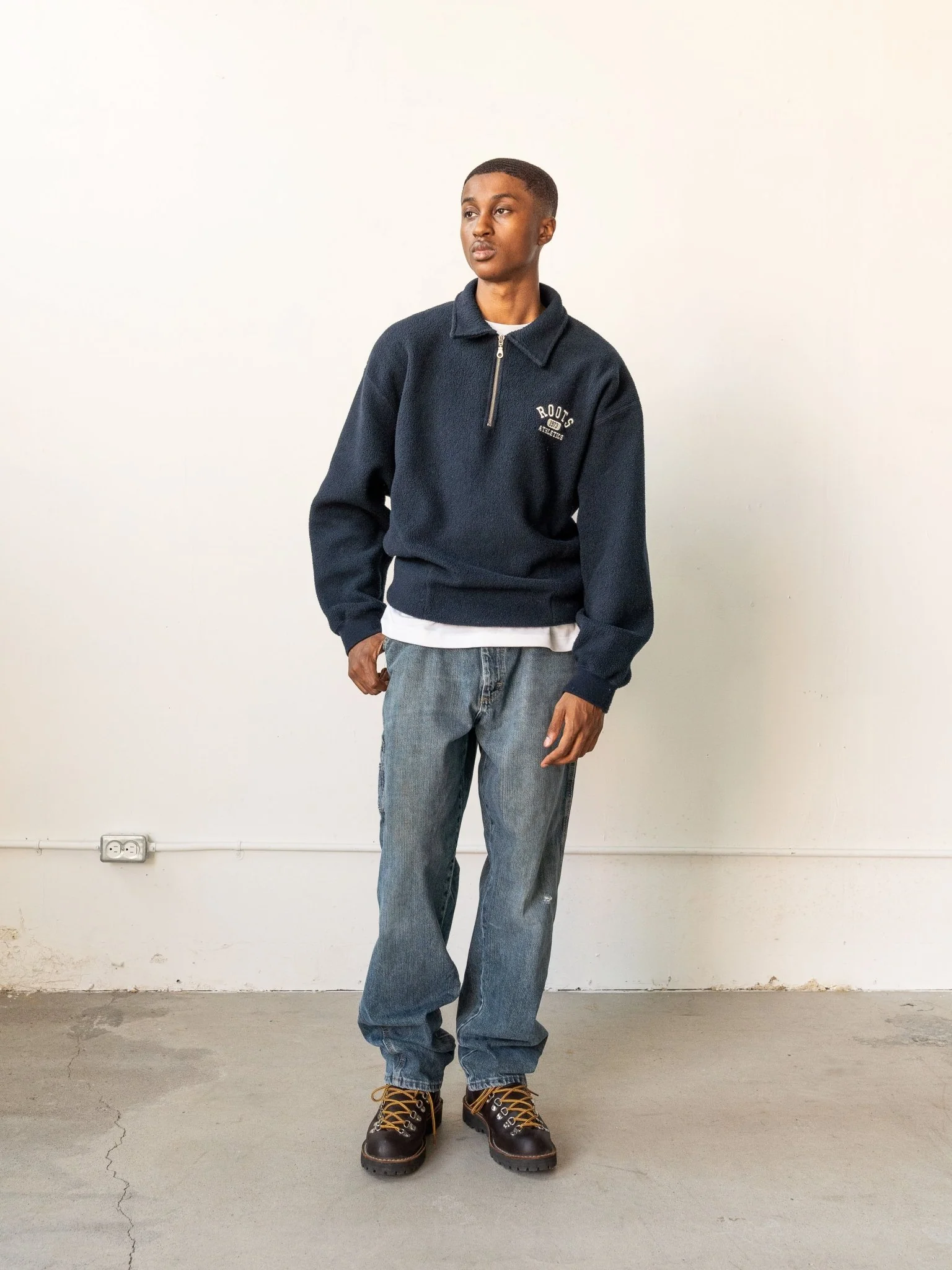 Vintage 90s Navy Blue Roots Athletics Fleece Quarter Zip Sweater (XL) - Image 2