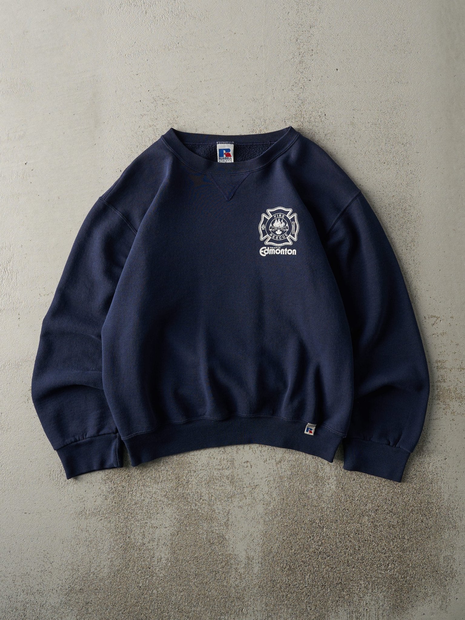 Vintage 90s Navy Blue Russell Athletic Edmonton Fire Rescue Crewneck (S/M)