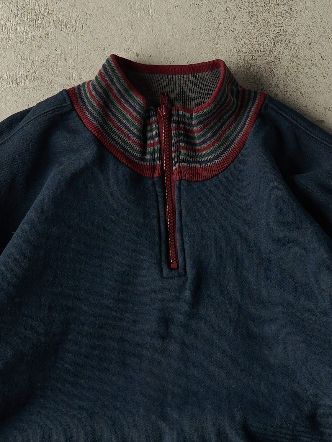 Vintage 90s Navy Blue Striped Quarter Zip Sweater (XL) - Image 3
