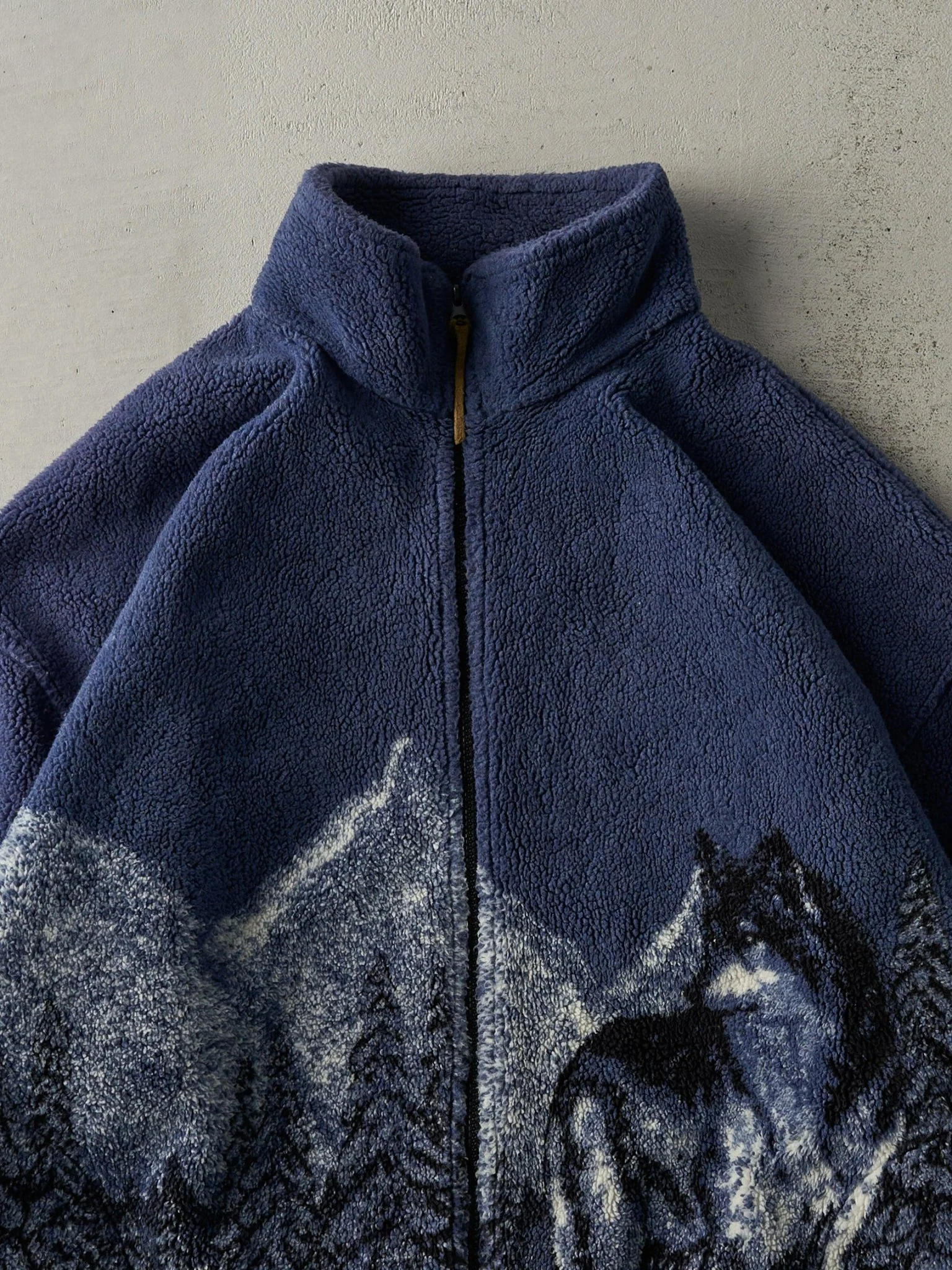 Vintage 90s Navy Blue Wolf Sherpa Fleece Jacket (XL) - Image 3