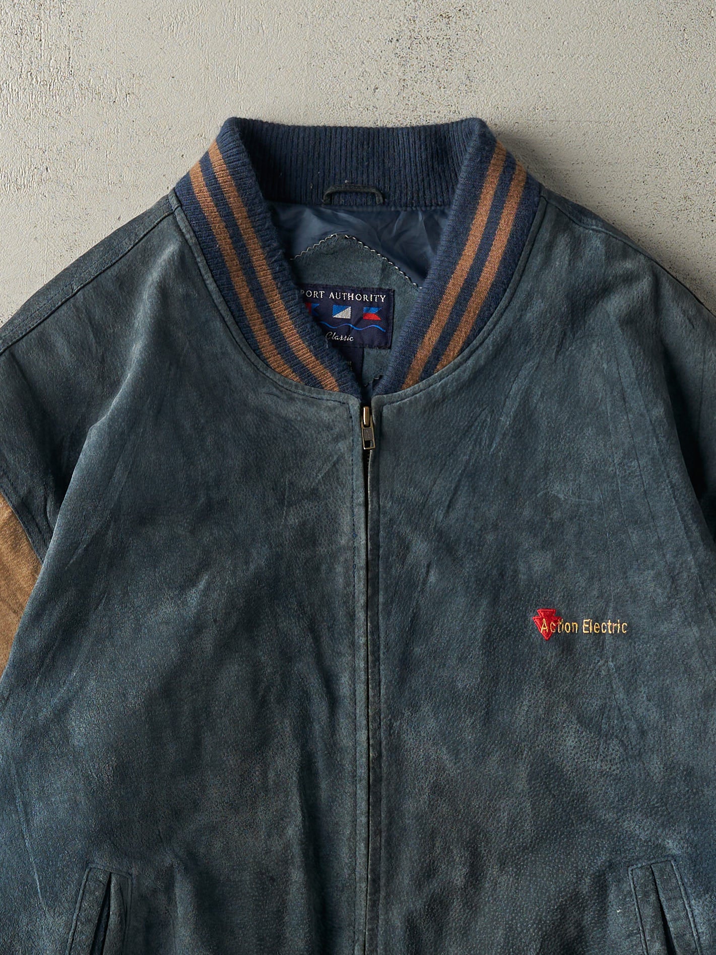 Vintage 90s Navy & Brown Suede Bomber Jacket (XL) - Image 2