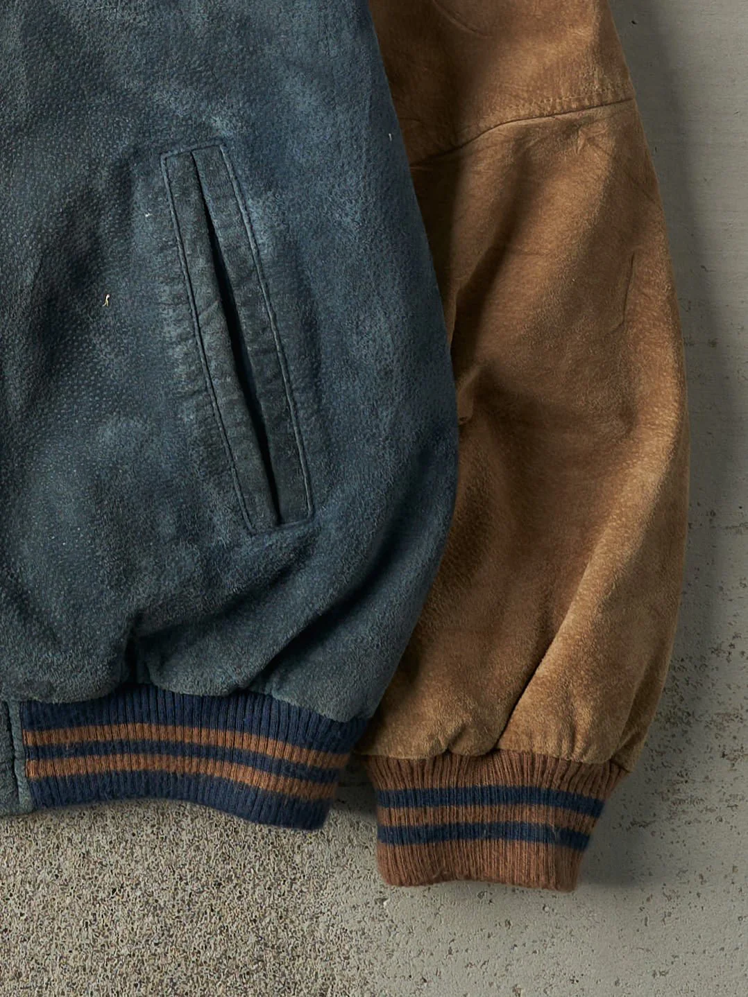 Vintage 90s Navy & Brown Suede Bomber Jacket (XL) - Image 3
