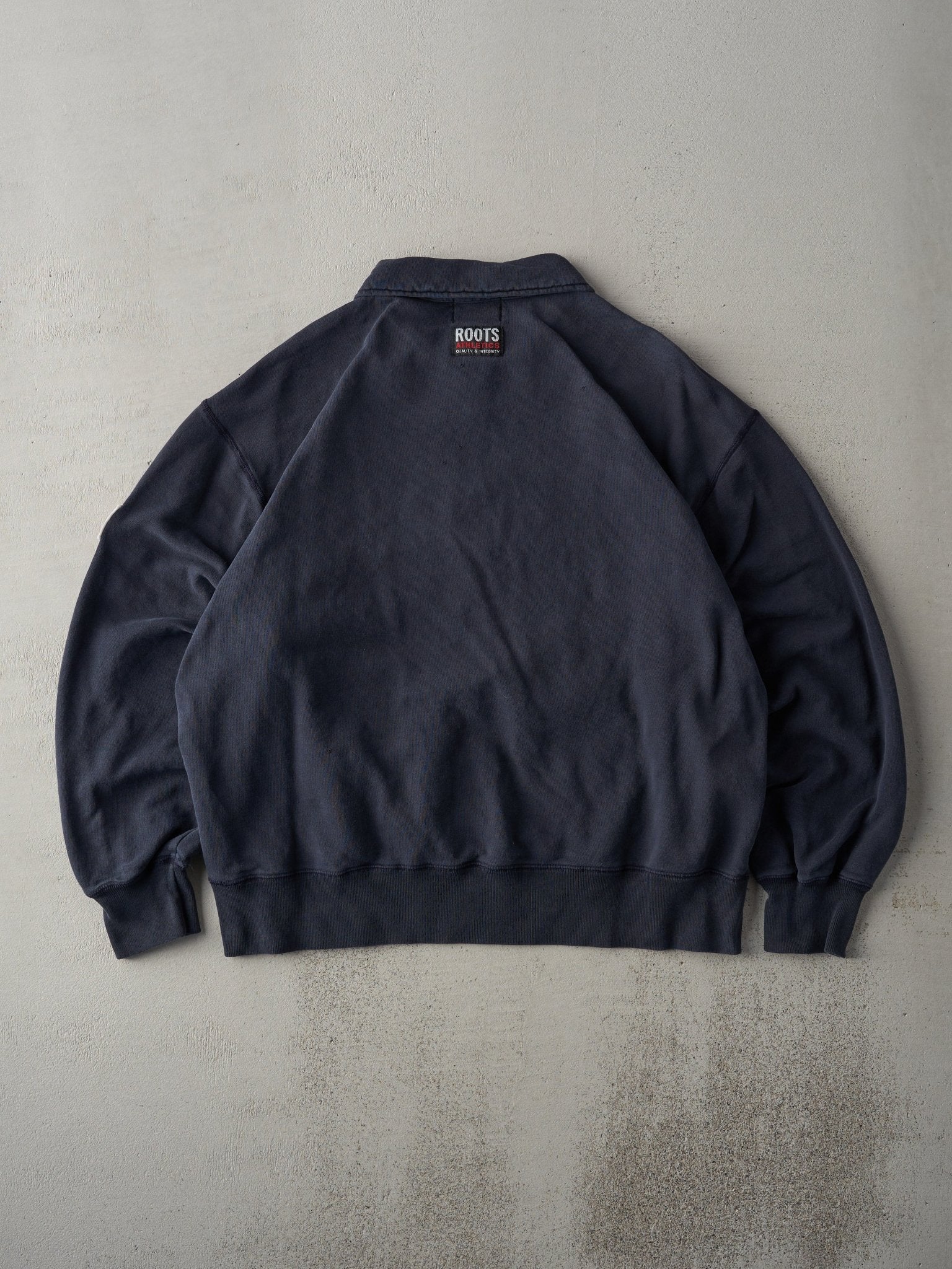 Vintage 90s Navy Roots Athletics Quarter Zip Boxy Crewneck (XL) - Image 2