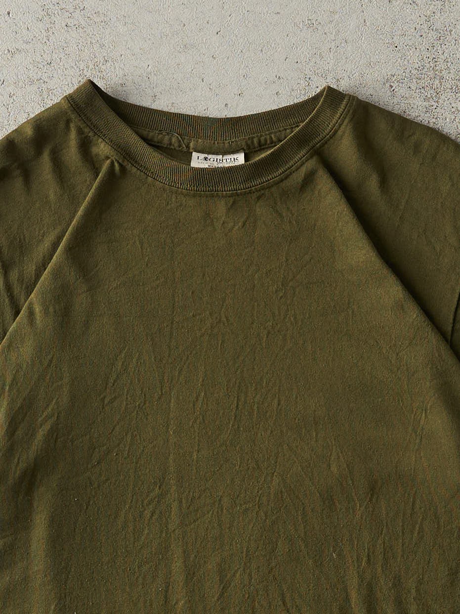 Vintage 90s Olive Green Blank Tee (M) - Image 2