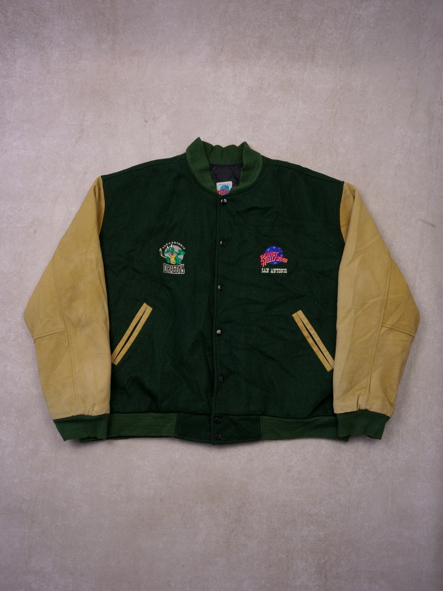 Vintage 90s Pine Green and Cream San Antonio Dragons Planet Hollywood Varsity Jacket (XL)