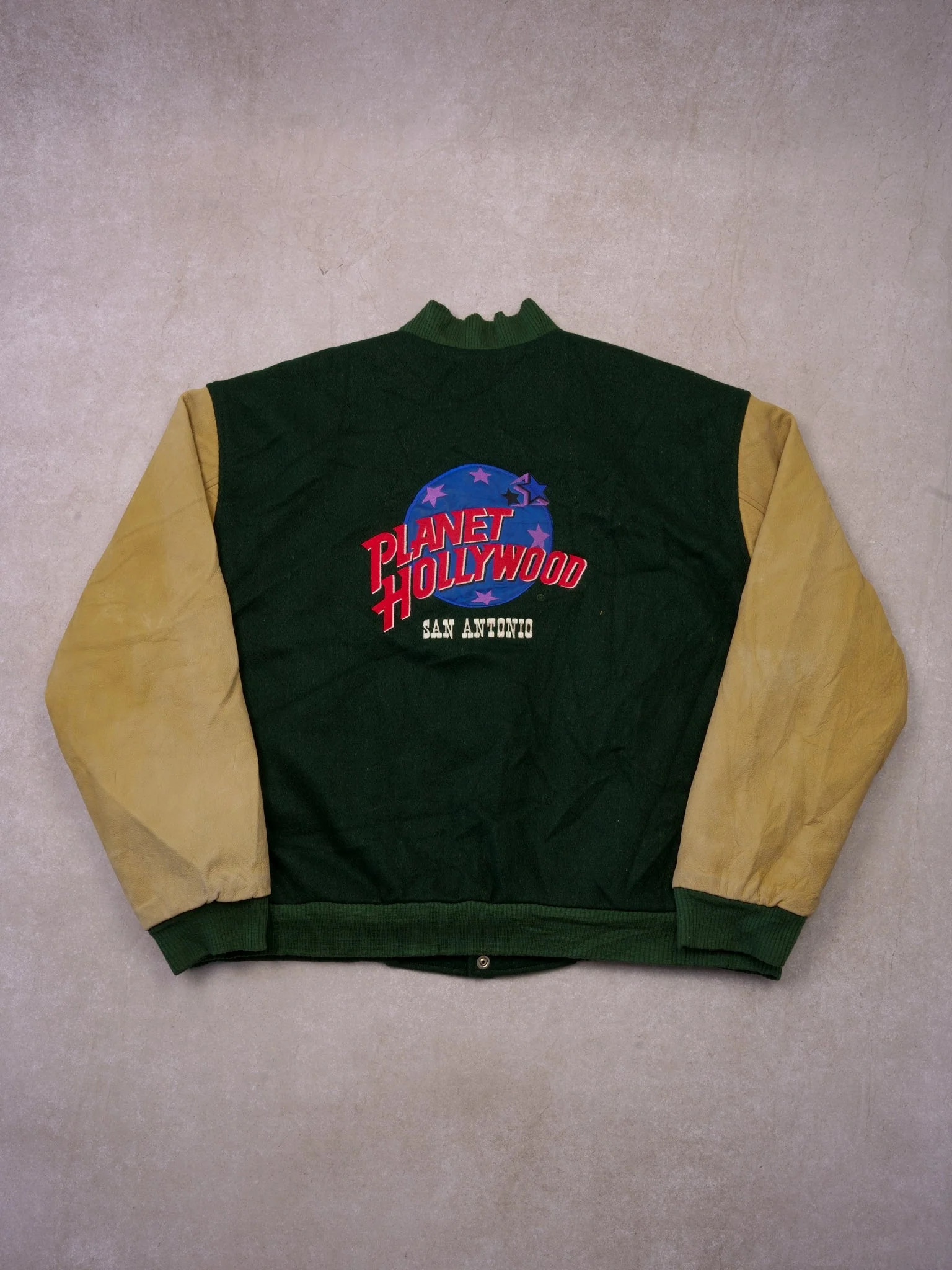 Vintage 90s Pine Green and Cream San Antonio Dragons Planet Hollywood Varsity Jacket (XL) - Image 2