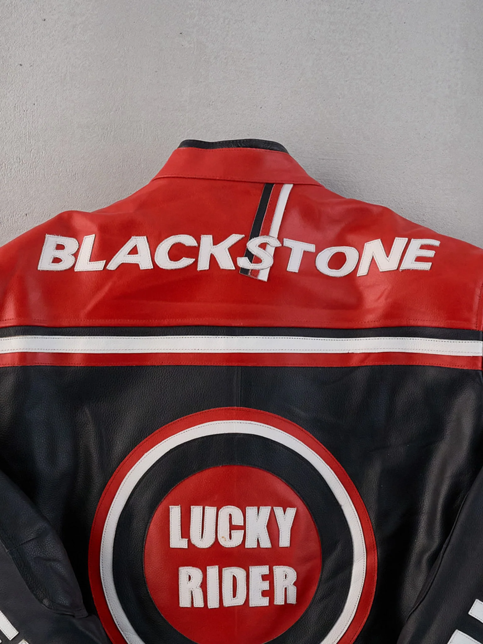 Vintage 90s Rare Red, Black and White Lucky Rider Biker Leather Jacket (L) - Image 4