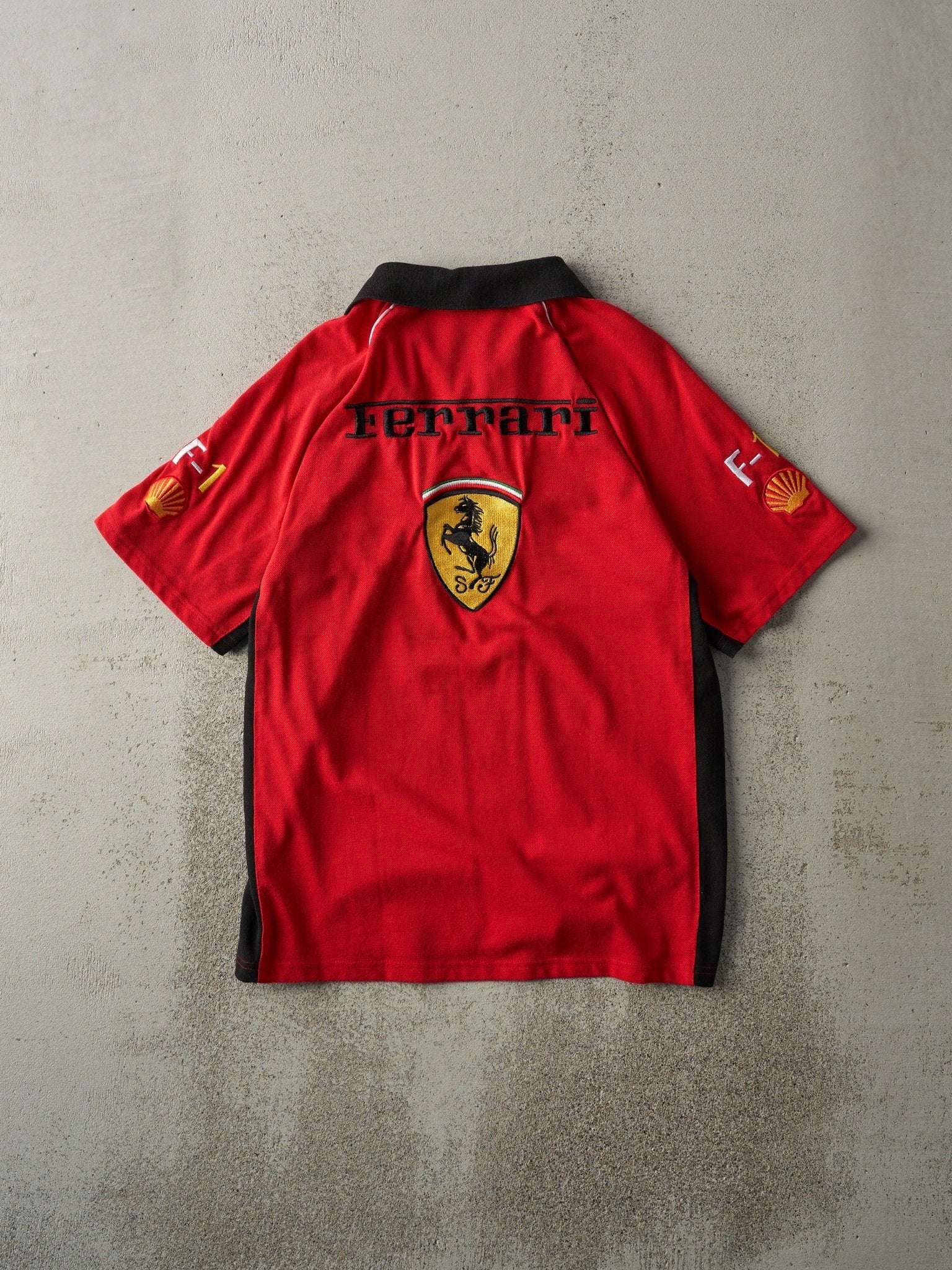 Vintage 90s Red Embroidered Ferrari Collared Racing Tee (S) - Image 2