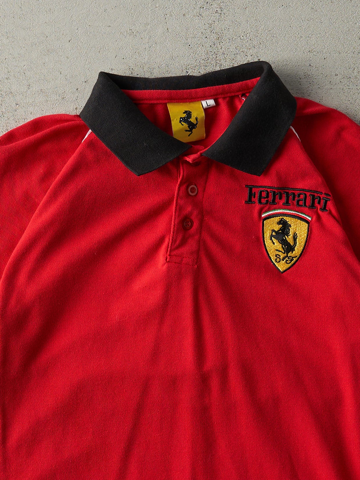 Vintage 90s Red Embroidered Ferrari Collared Racing Tee (S) - Image 3