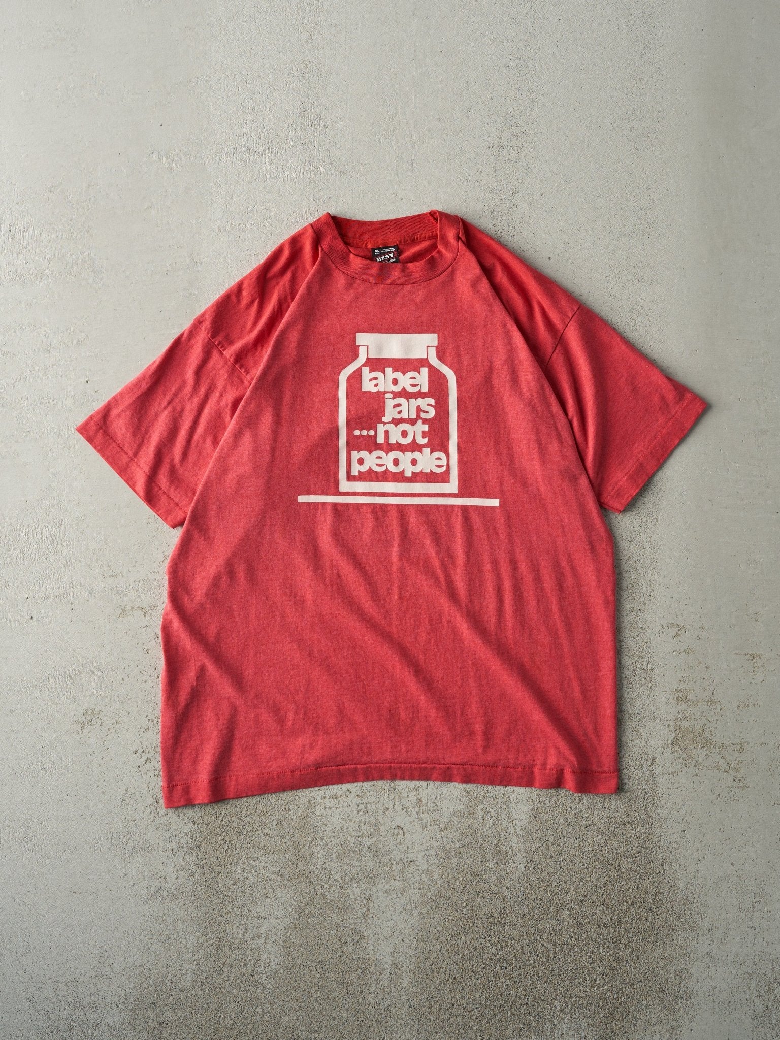 Vintage 90s Red "Label Jars Not People" Single Stitch Tee (L)