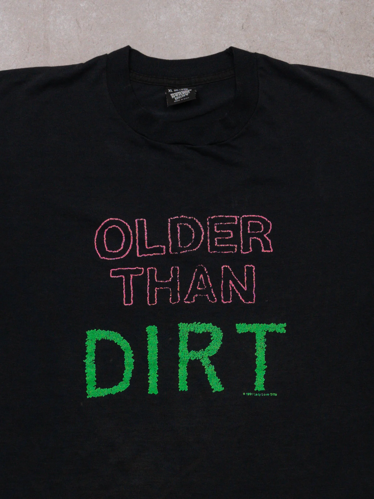 Vintage 90s Single Stitch Washed Black Older Than Dirt Tee (L) - Image 2