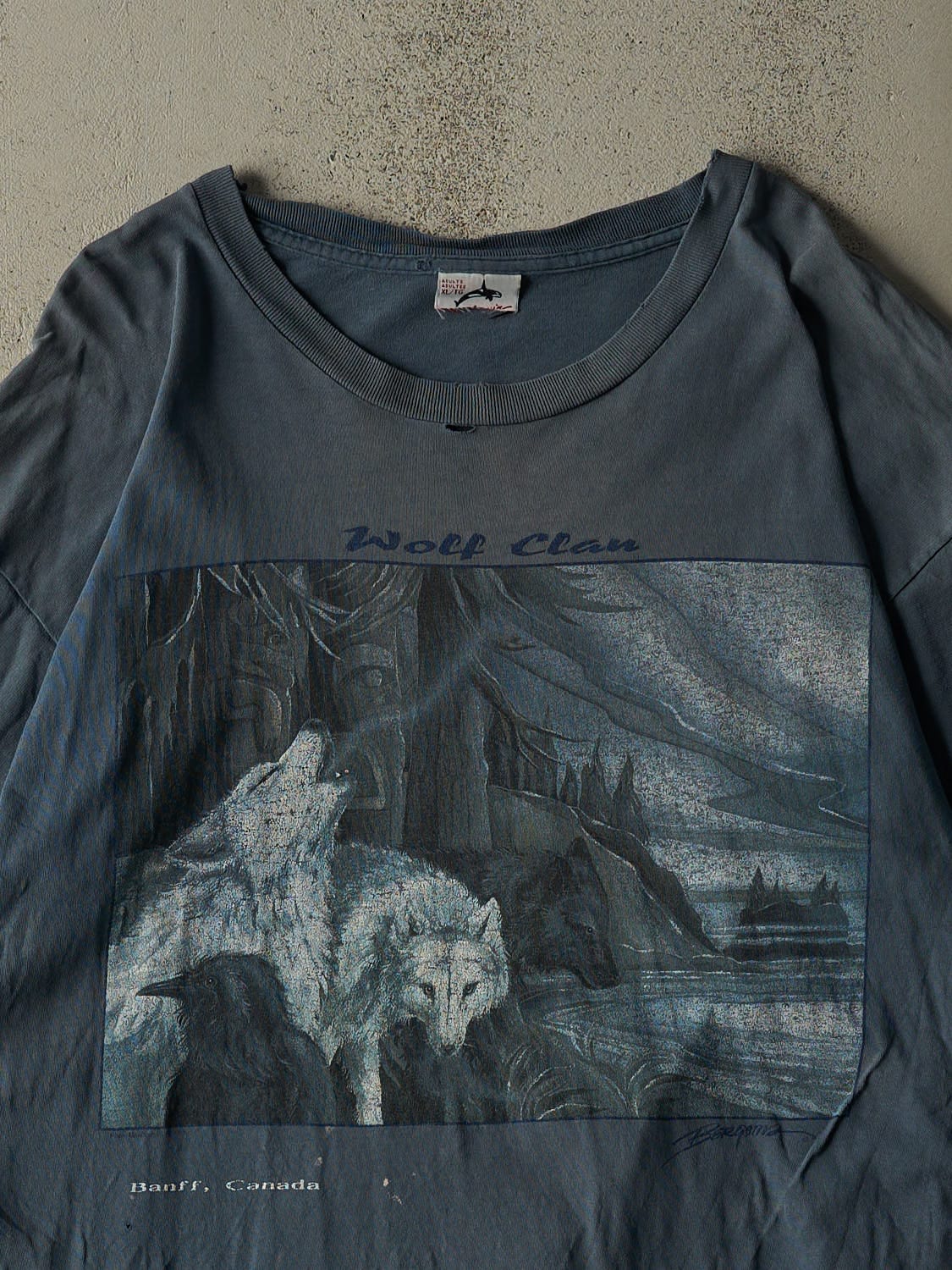 Vintage 90s Slate Blue Banff Wolf Clan Tee (XL/XXL) - Image 2