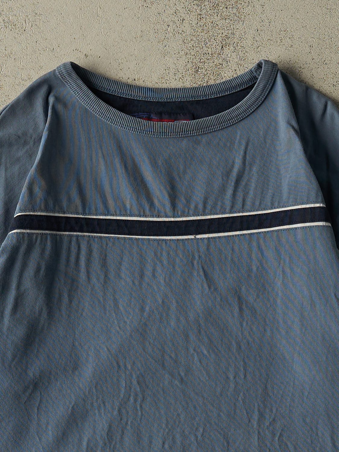 Vintage 90s Slate Blue Point Zero Striped Tee (L/XL) - Image 2