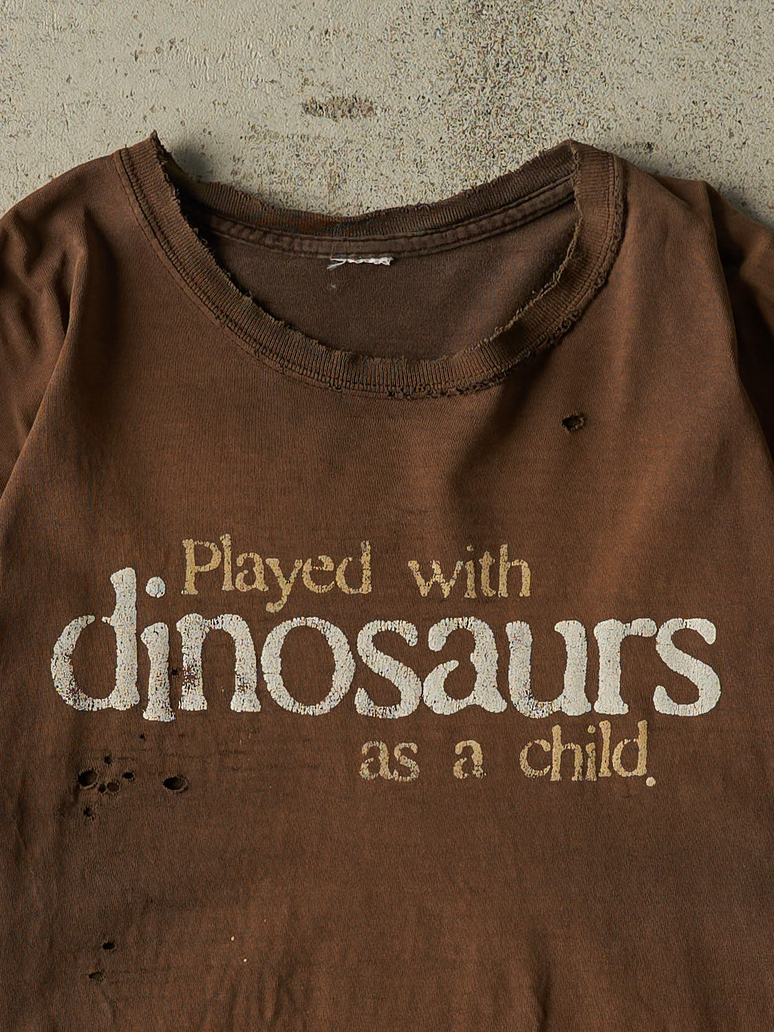 Vintage 90s Sun Faded Brown "Played With Dinosaurs" Tee (L) - Image 2