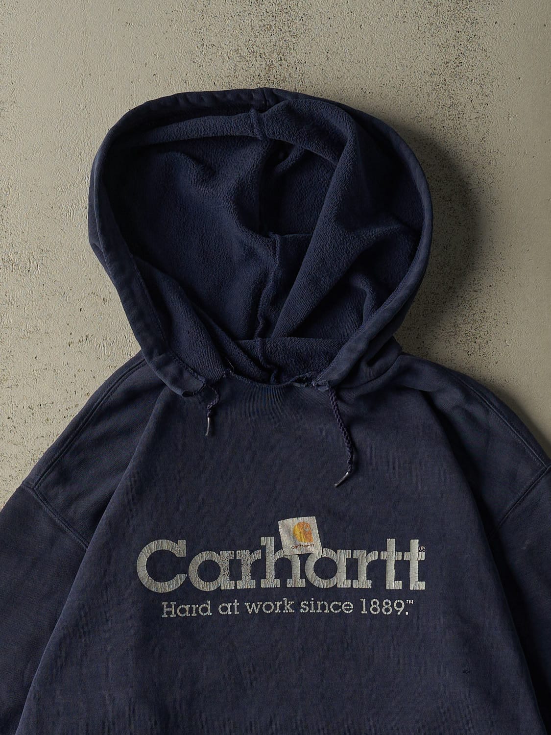 Vintage 90s Sun Faded Navy Carhartt Hoodie (L/XL) - Image 2