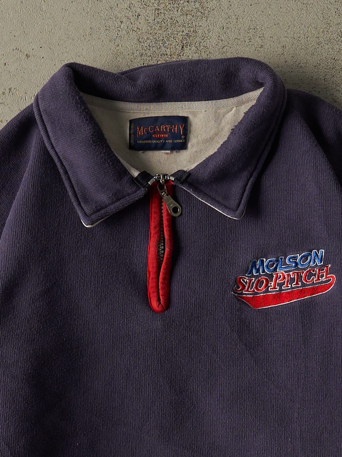 Vintage 90s Sun Faded Navy Molson Slo-Pitch Quarter Zip Sweater (L) - Image 2