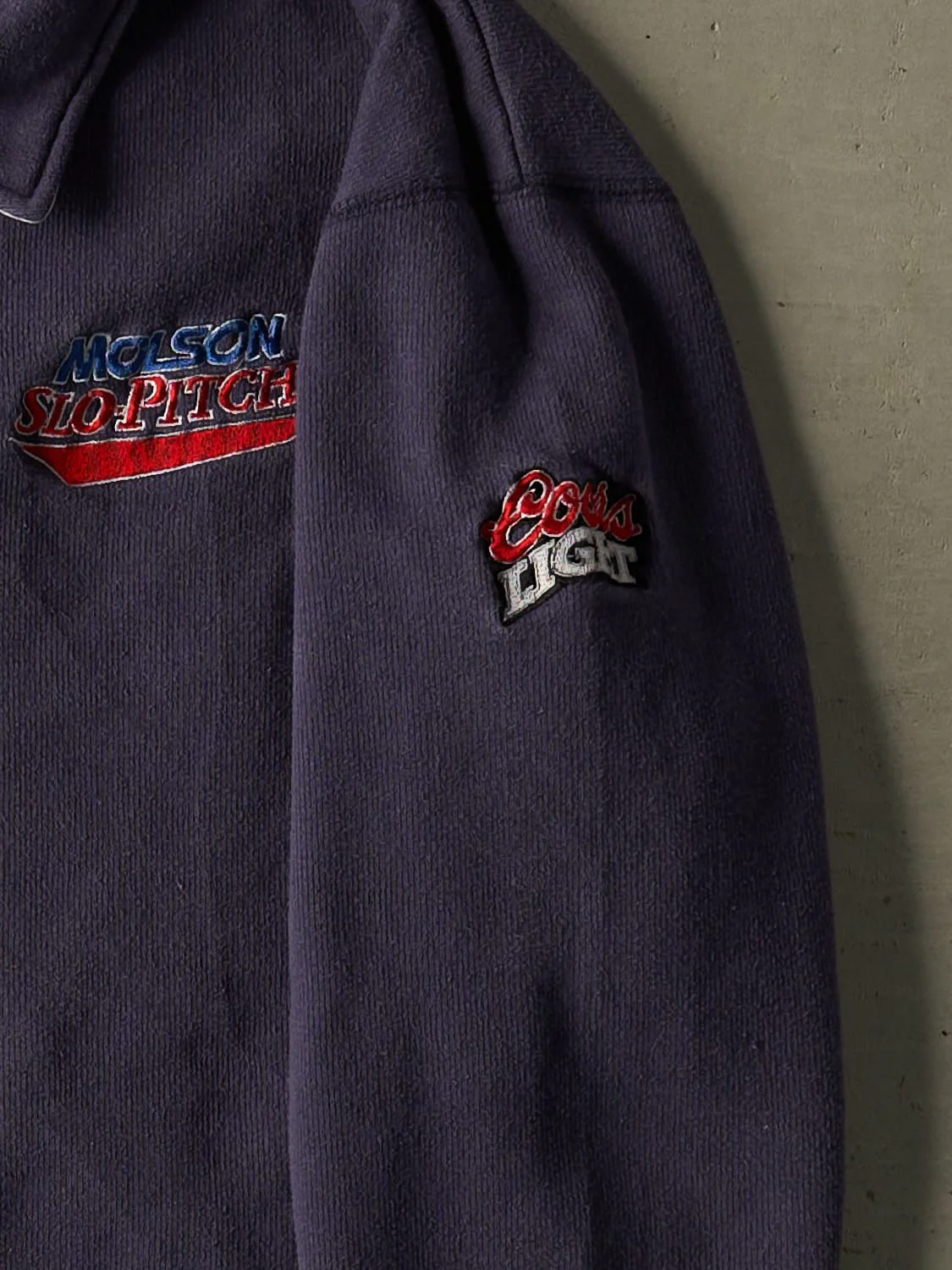 Vintage 90s Sun Faded Navy Molson Slo-Pitch Quarter Zip Sweater (L) - Image 3