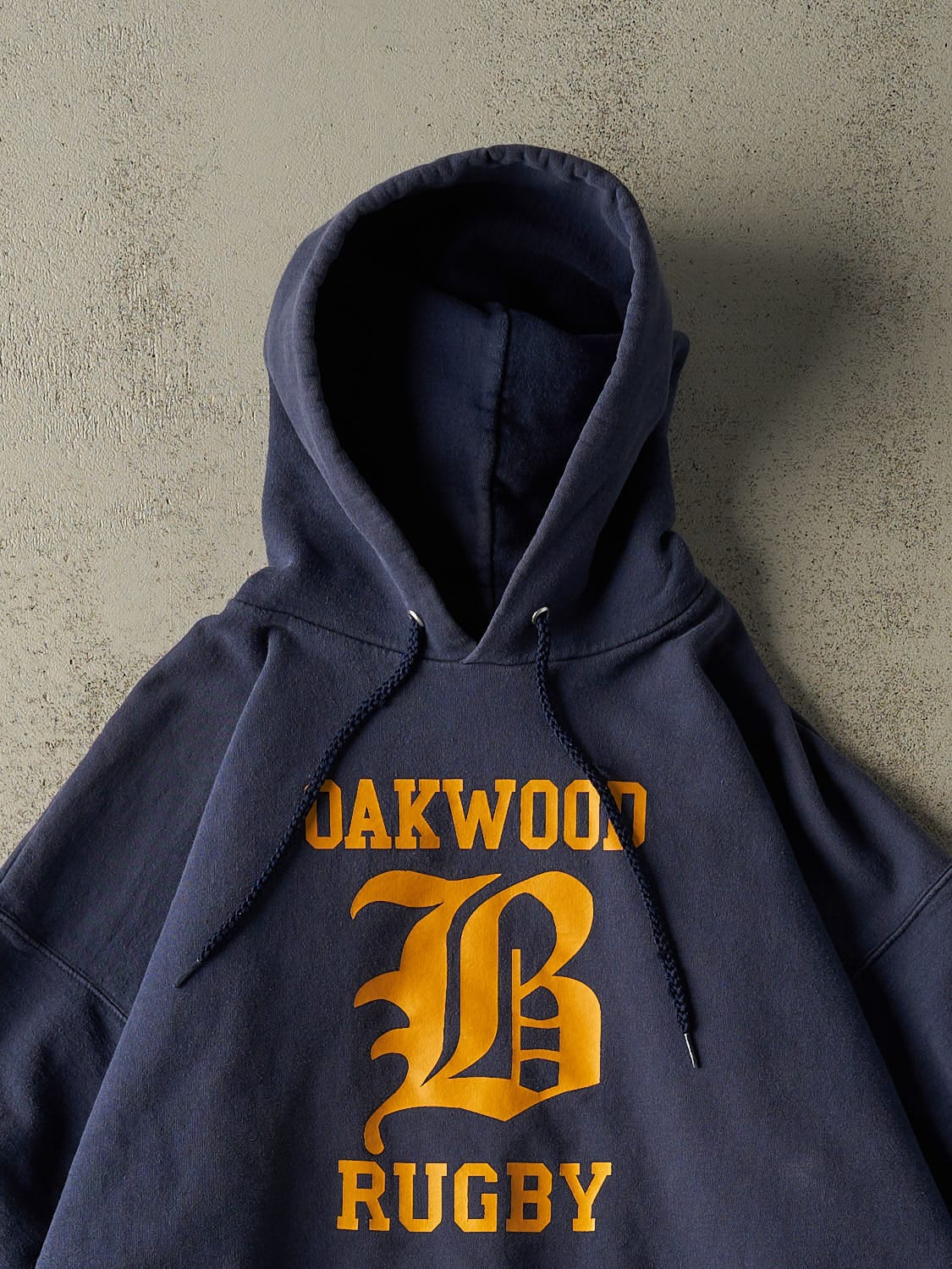 Vintage 90s Sun Faded Navy Oakwood Rugby Hoodie (XL/XXL) - Image 2