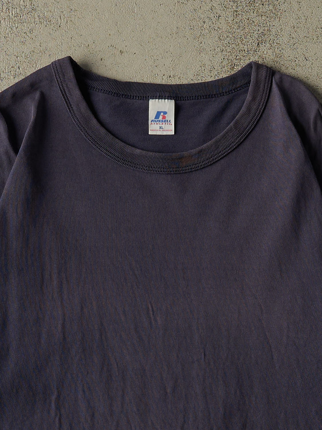 Vintage 90s Sun Faded Navy Russell Athletic Blank Tee (L/XL) - Image 2