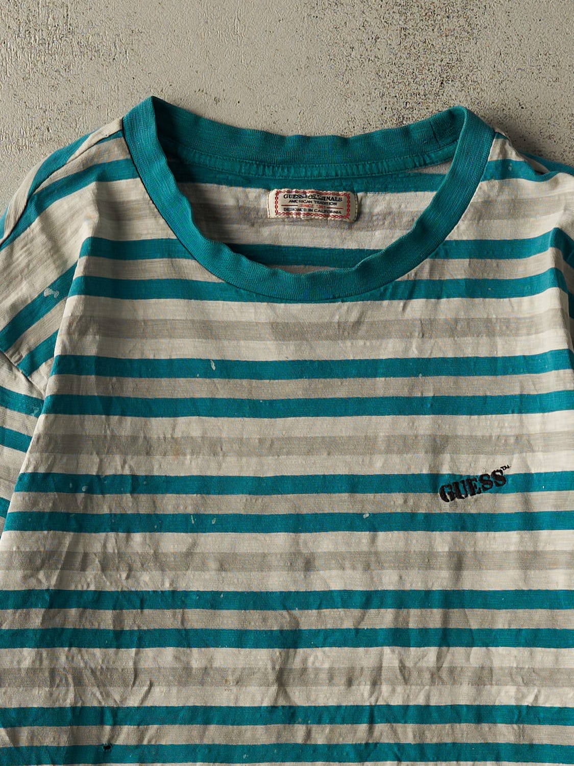 Vintage 90s Teal & Grey Guess Striped Long Sleeve (L) - Image 2