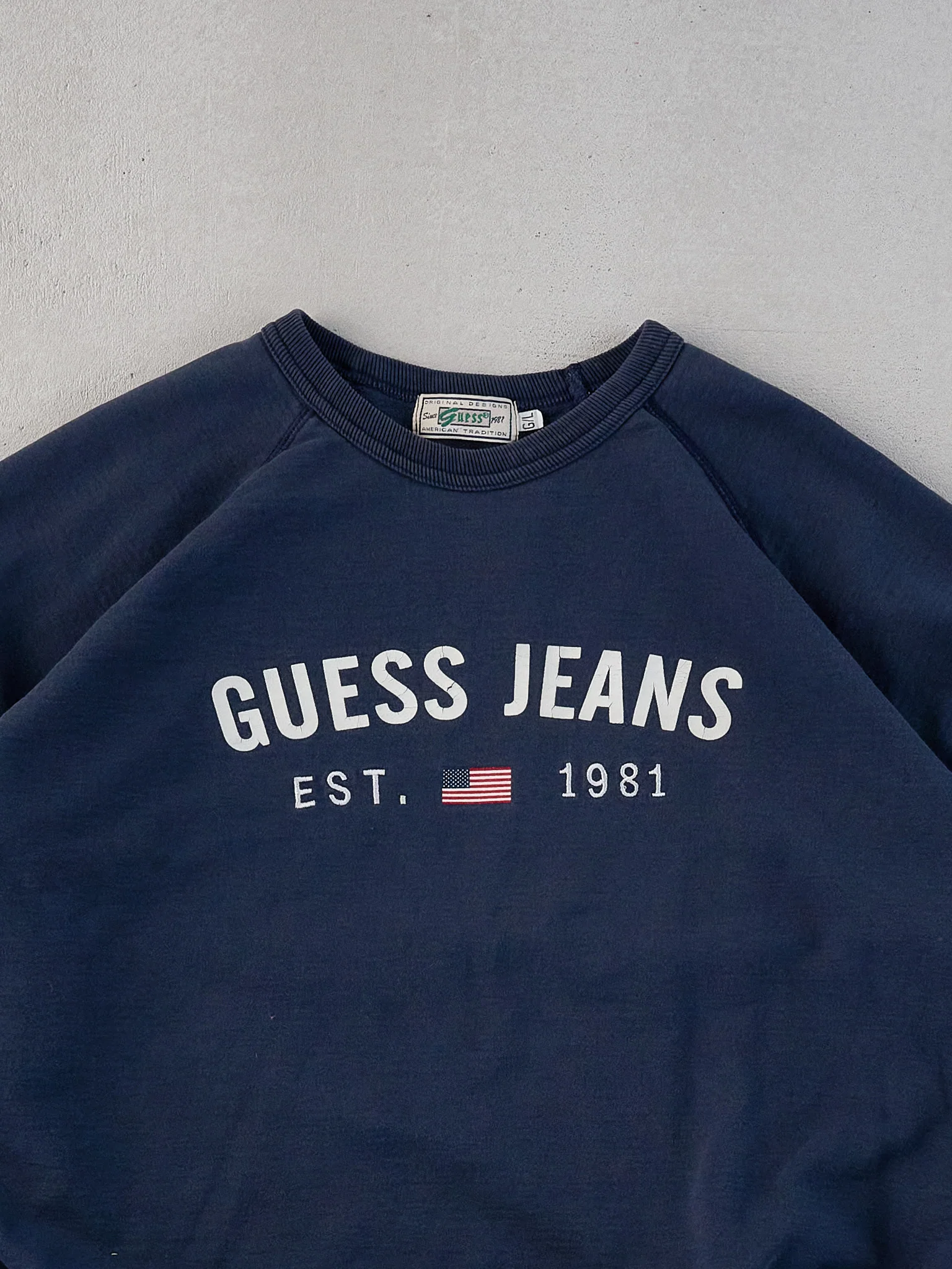 Vintage 90s Washed Blue Guess Jeans Boxy Crewneck (L/XL) - Image 2
