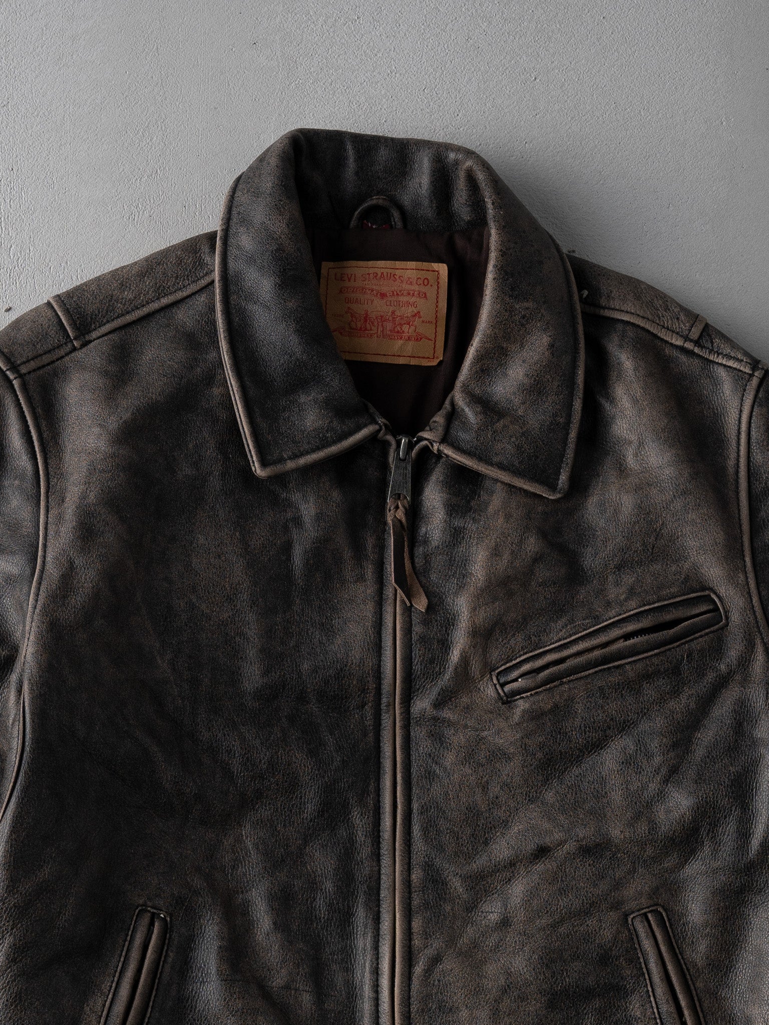 Vintage 90s Washed Brown Levis Leather Jacket (L) - Image 2