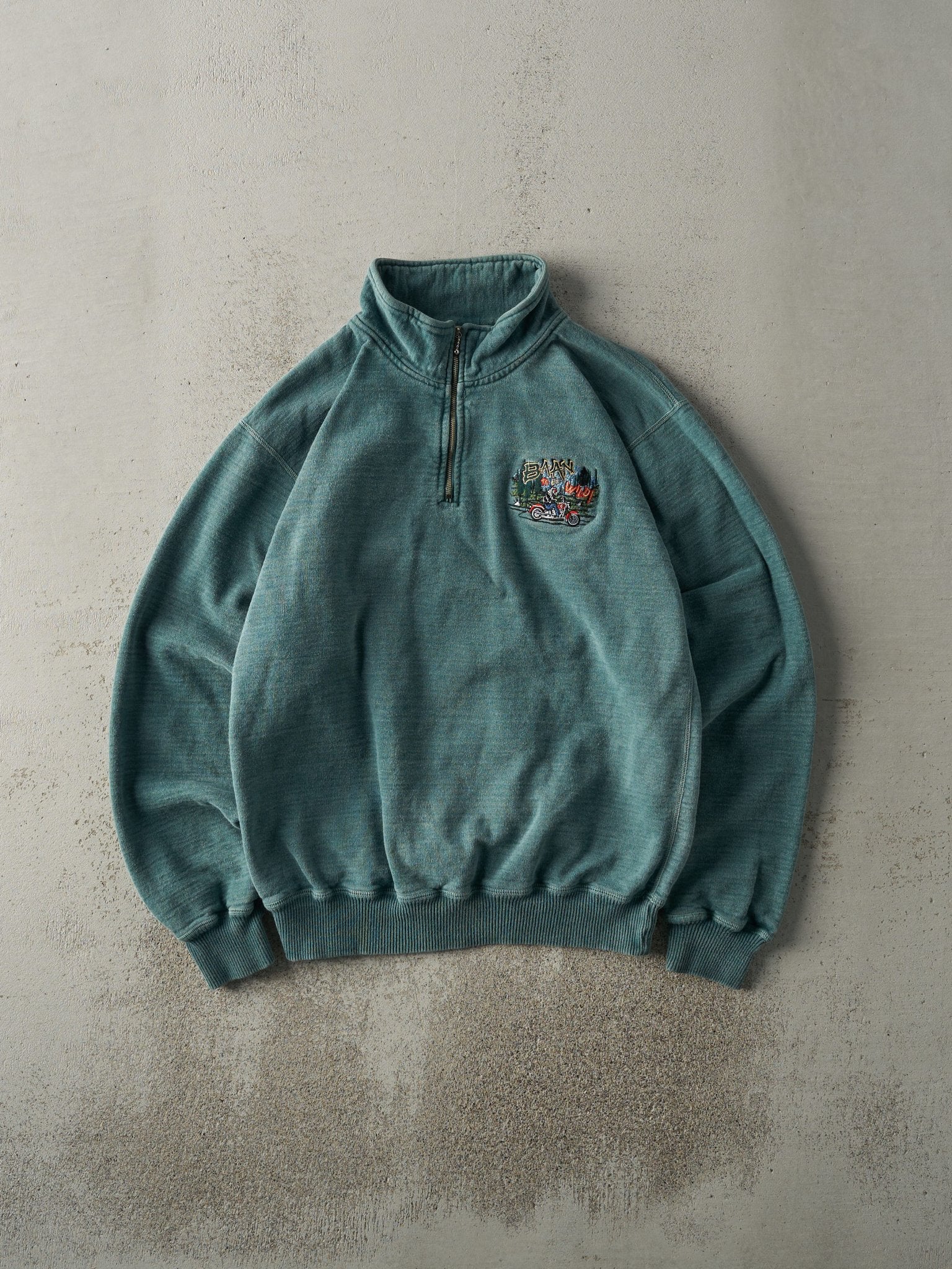 Vintage 90s Washed Green "Baan To Be Wild" Embroidered Quarter Zip (S/M)