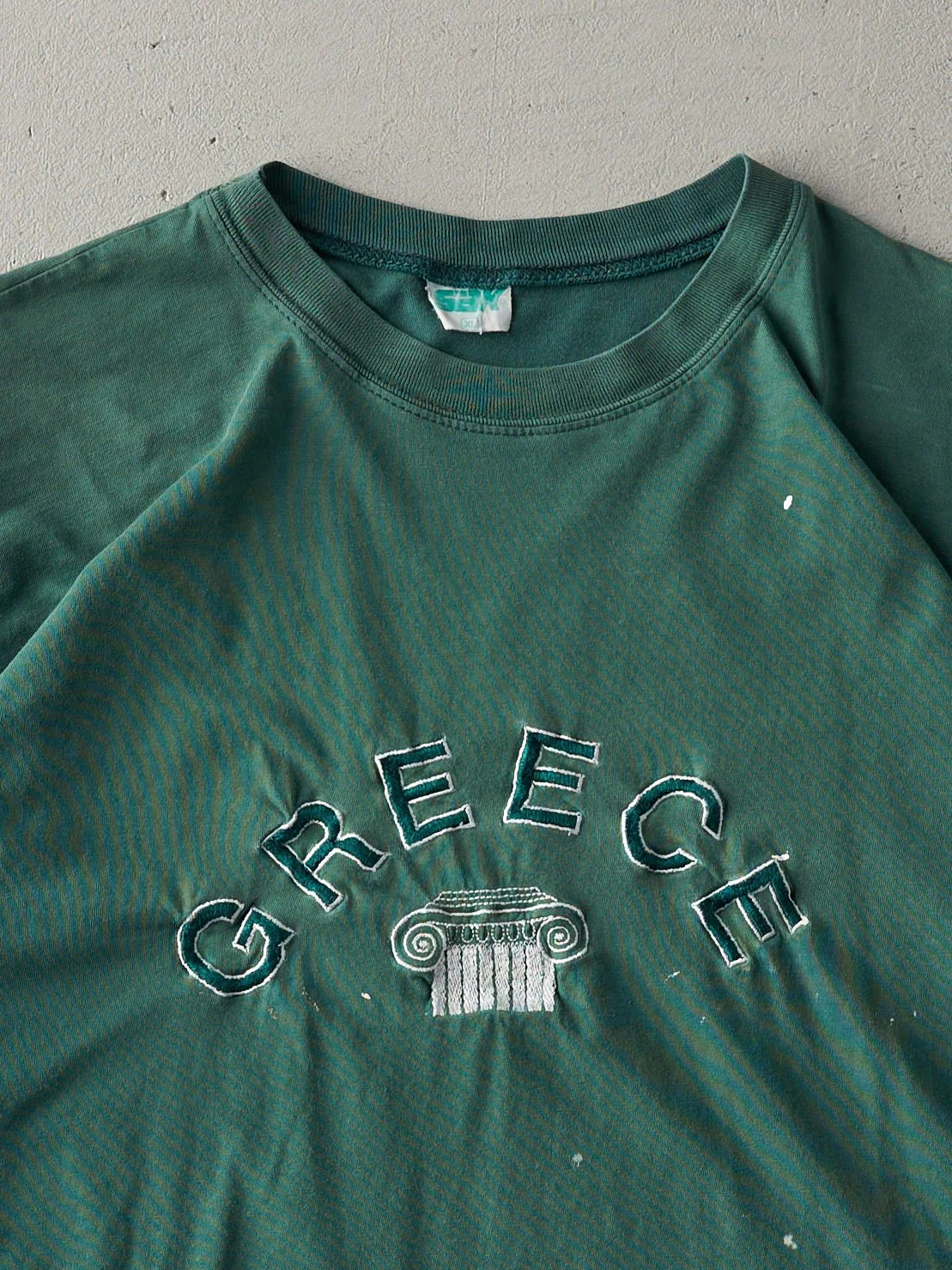 Vintage 90s Washed Green Embroidered Greece Tee (L) - Image 2