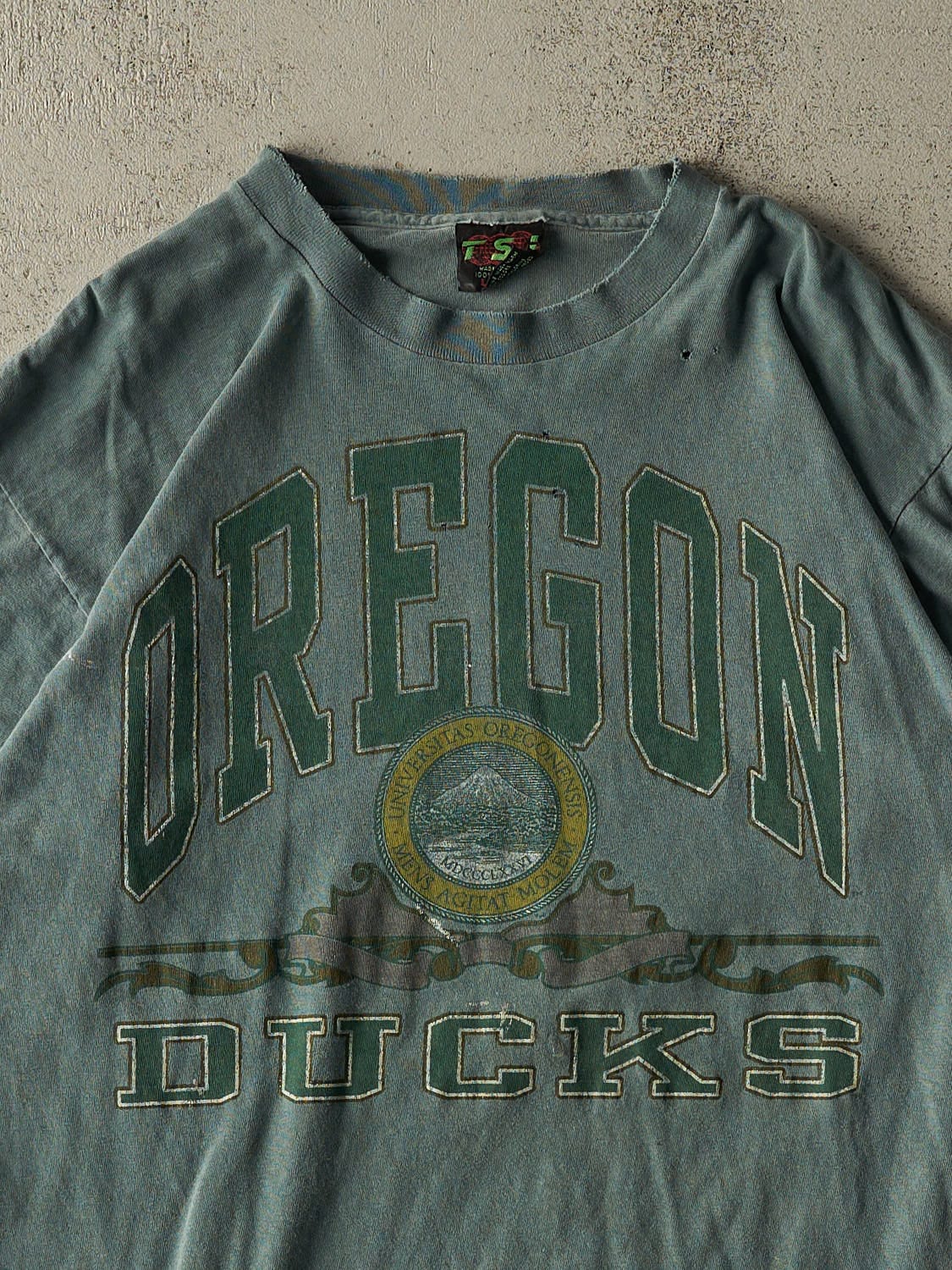 Vintage 80s Washed Green University of Oregon Ducks Tee (L/XL) - Image 2