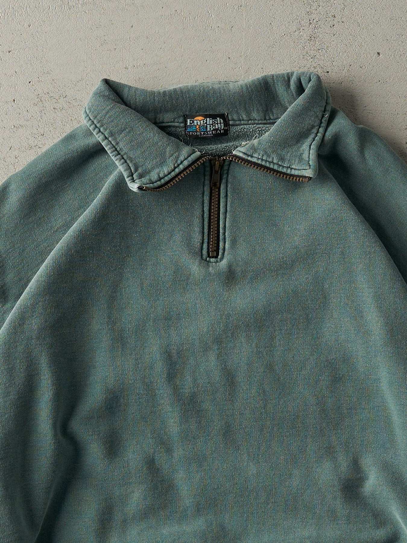 Vintage 90s Washed Green Quarter Zip Sweatshirt (XL) - Image 2
