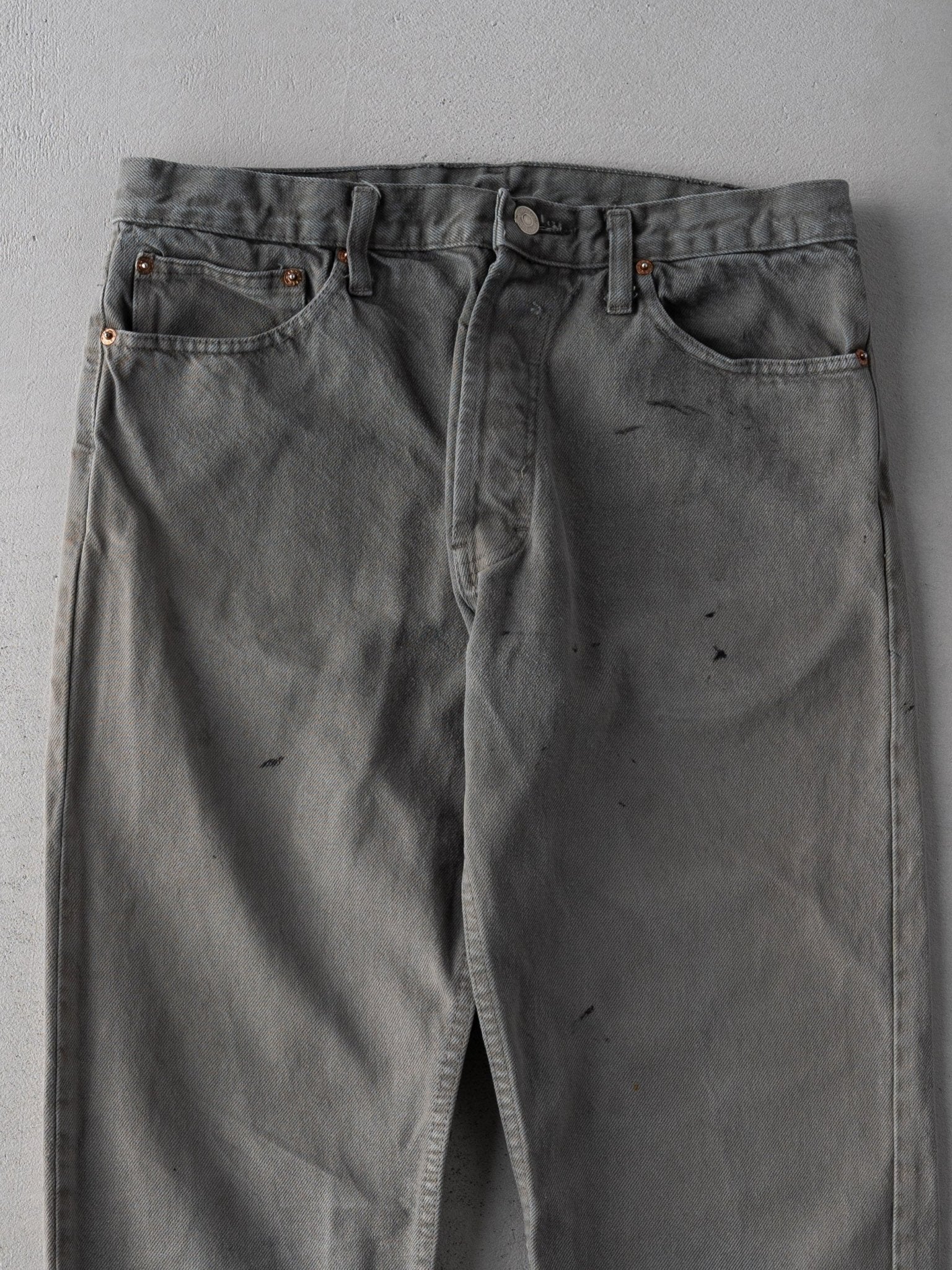 Vintage 90s Washed Grey 501 Paint Stained Denim Jeans (32 x 30) - Image 4